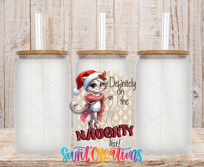 Swiit Creations UV DTF Naughty List Christmas Cat transfer applied to a white ceramic mug
