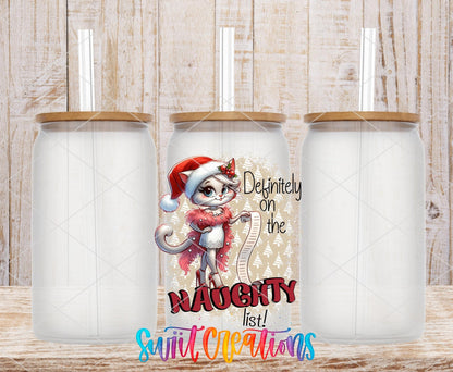 Swiit Creations UV DTF Naughty List Christmas Cat transfer shown on a clear glass can set