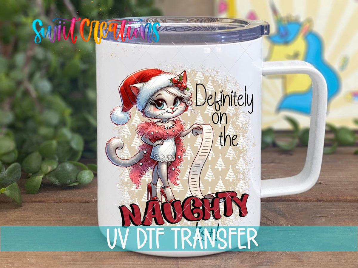 Swiit Creations UV DTF Naughty List Christmas Cat transfer shown as the full artwork preview