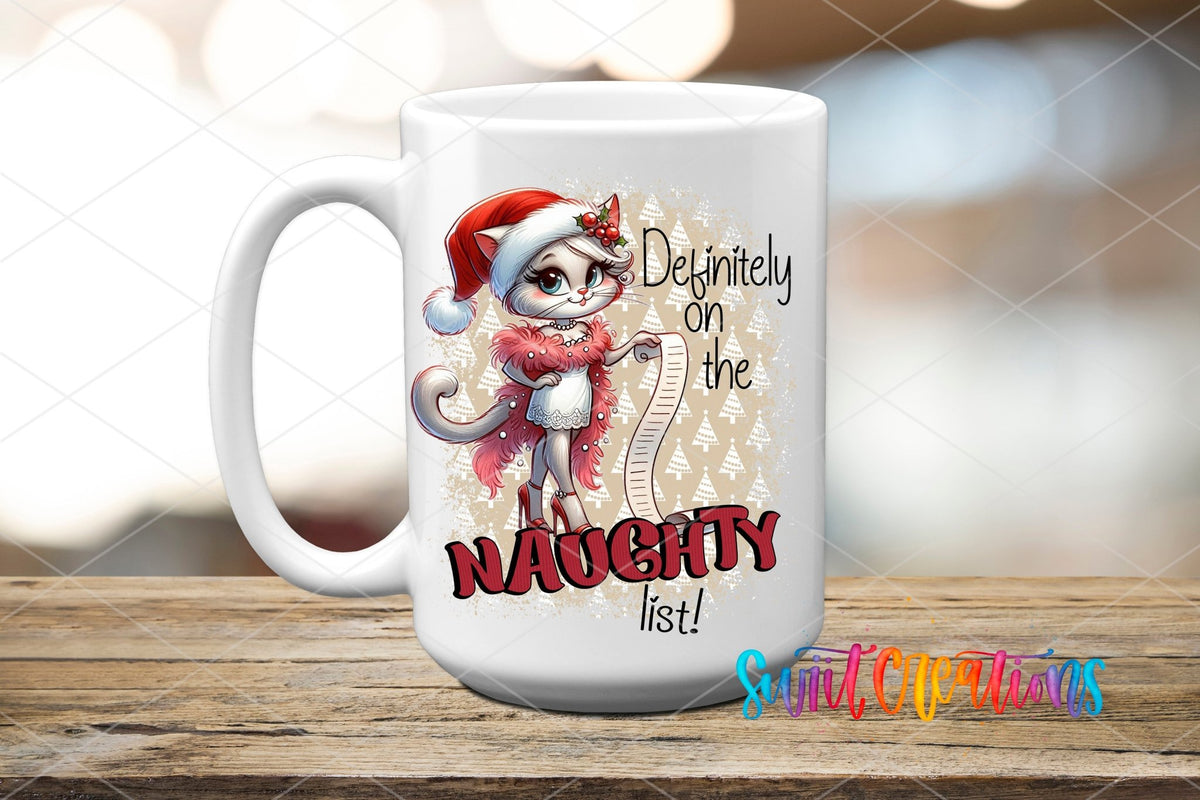Swiit Creations UV DTF Naughty List Christmas Cat transfer shown on a white tumbler set
