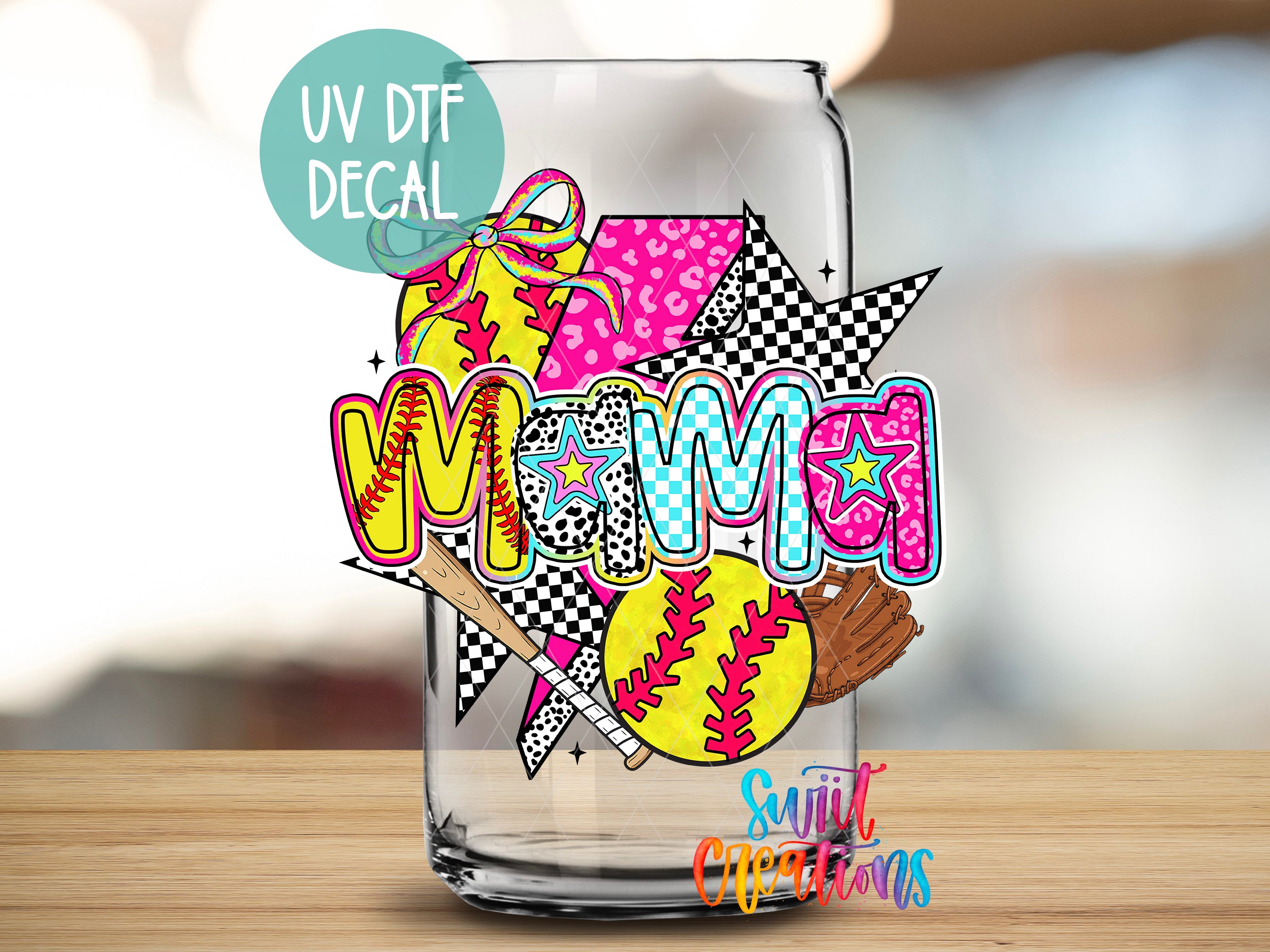 A glass jar with a UV decal featuring a colorful, retro-style design with various sports-related elements such as a baseball, a softball, and a baseball bat.