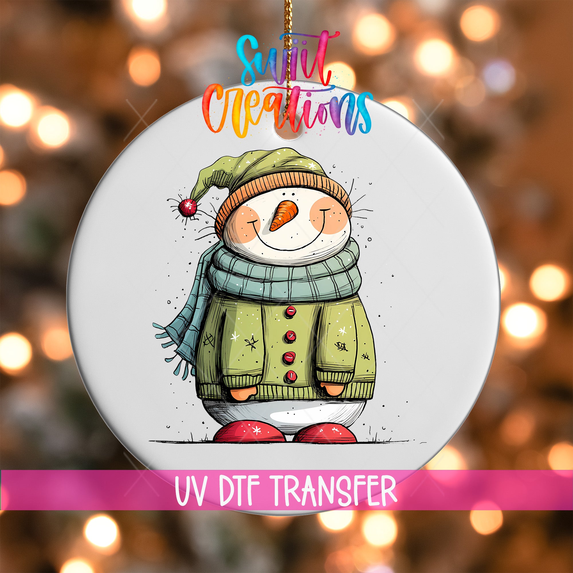 A snowman ornament with a green scarf and hat, standing on a snowy surface.