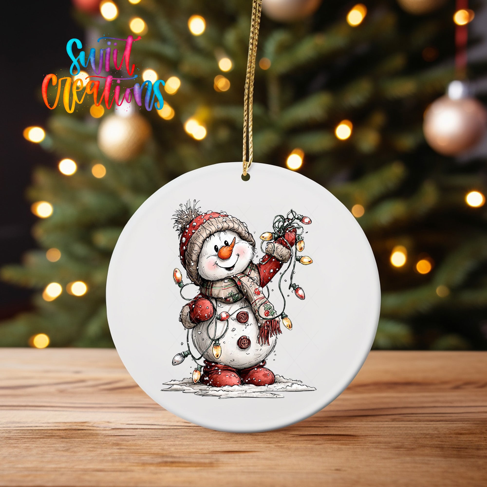 A white ornament featuring a snowman with a string of lights around its neck, set against a blurred background of a Christmas tree with twinkling lights.