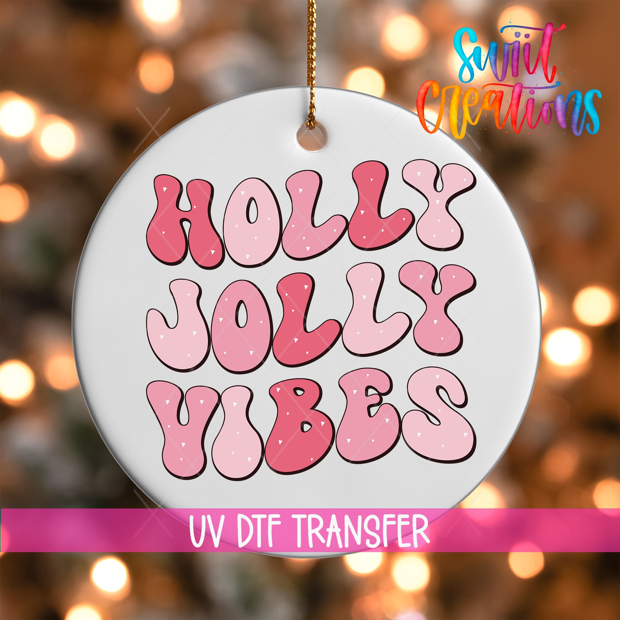 A white ornament with the text "Holly Vibes" in a stylized font, hanging against a background of colorful lights.