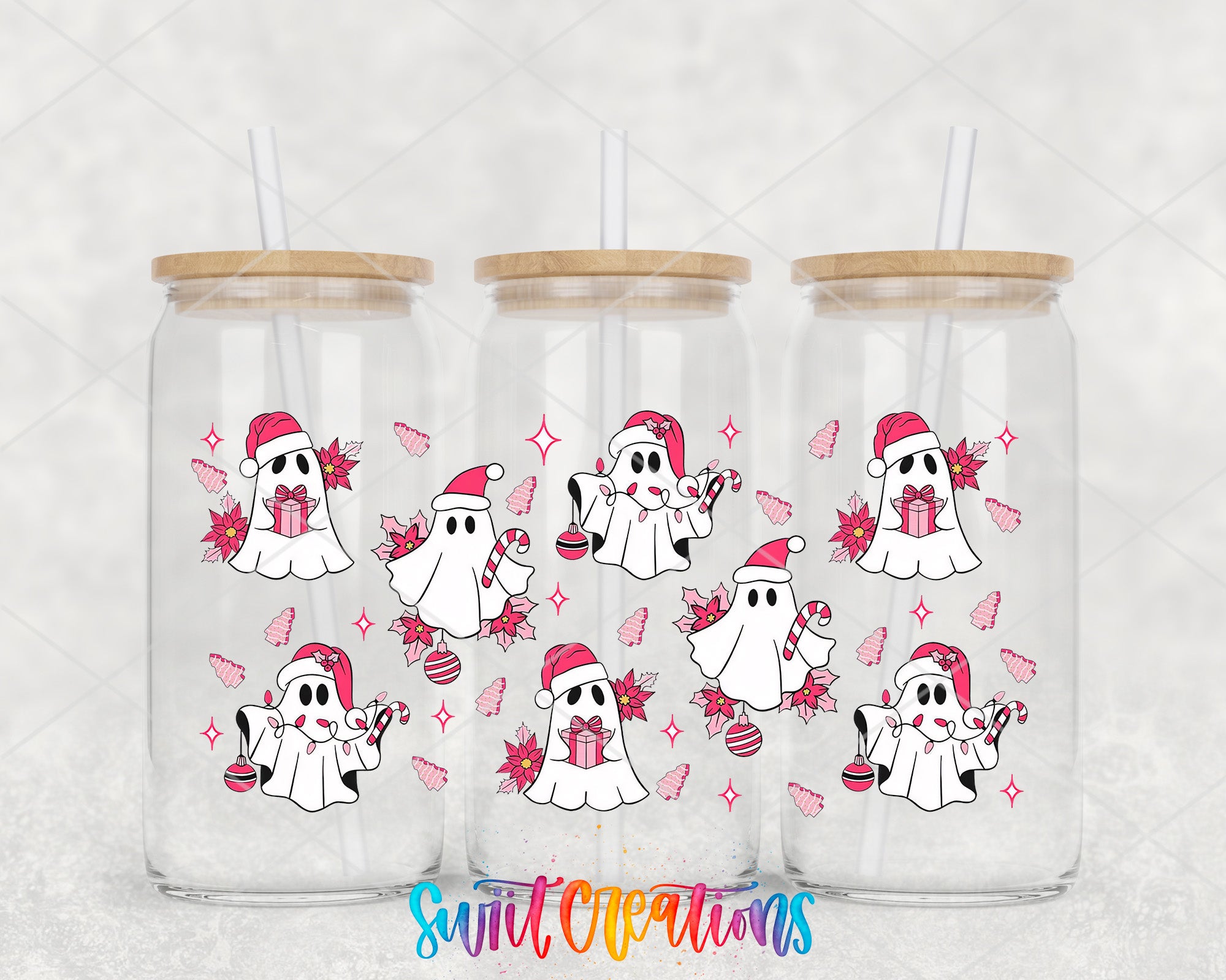 Three glass tumblers with a festive design featuring cartoon-style ghost characters wearing Santa hats and holding presents, surrounded by snowflakes and stars.