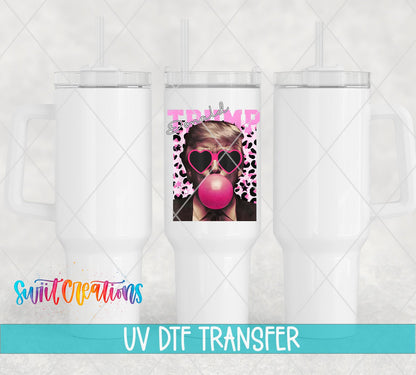 Donald Trump Pink Bubble Gum UV DTF transfer applied to a white tumbler set from Swiit Creations