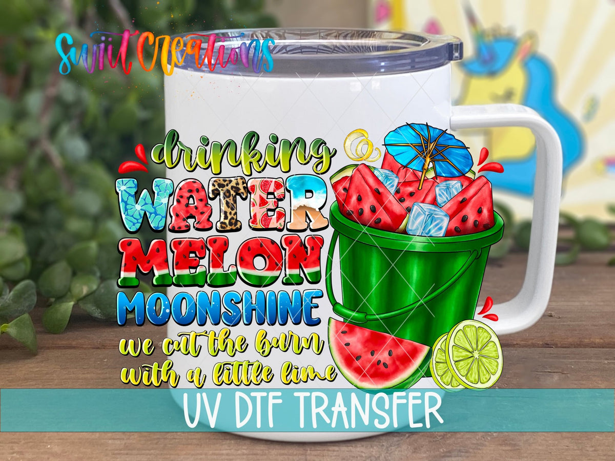 Drinking Watermelon Moonshine UV DTF transfer displayed on a white coffee mug from Swiit Creations