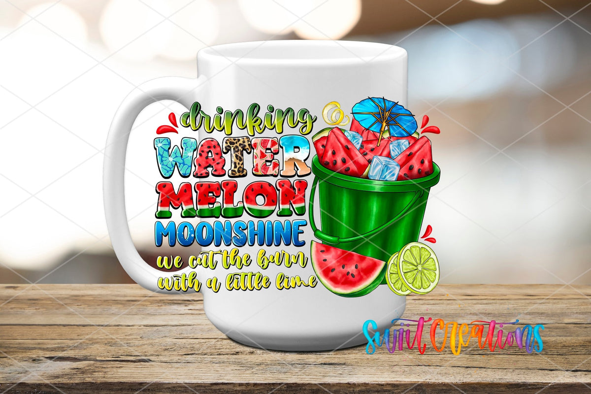 Drinking Watermelon Moonshine UV DTF transfer displayed on a white ceramic mug from Swiit Creations
