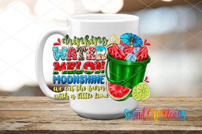 Drinking Watermelon Moonshine UV DTF transfer displayed on a white ceramic mug from Swiit Creations