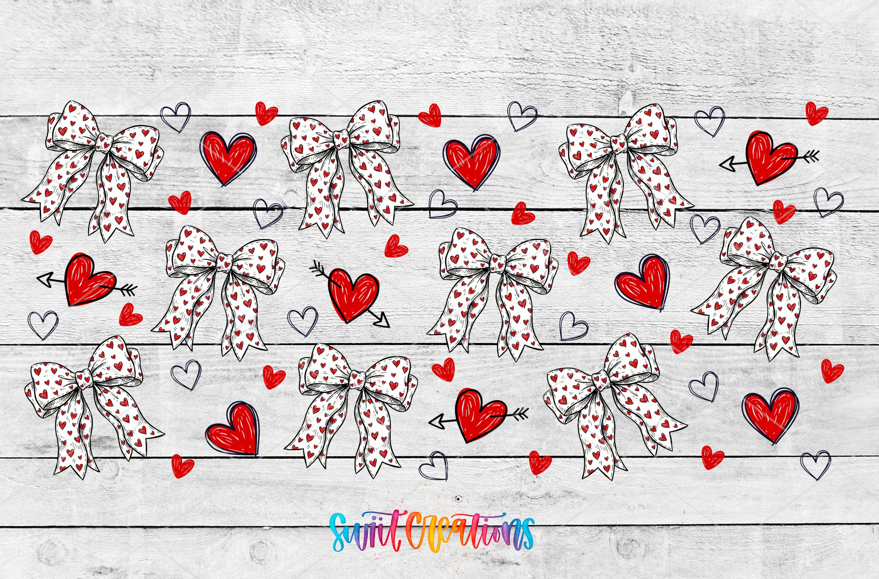 The image is a collage of various heart-themed elements, including bows, hearts, and arrows, arranged in a repeating pattern on a wooden background.