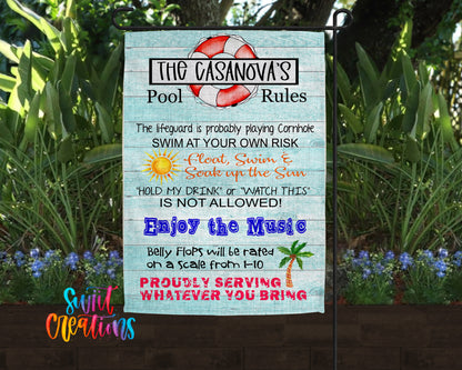 a sign with a beach theme, including a lifeguard's rules and a pool area.