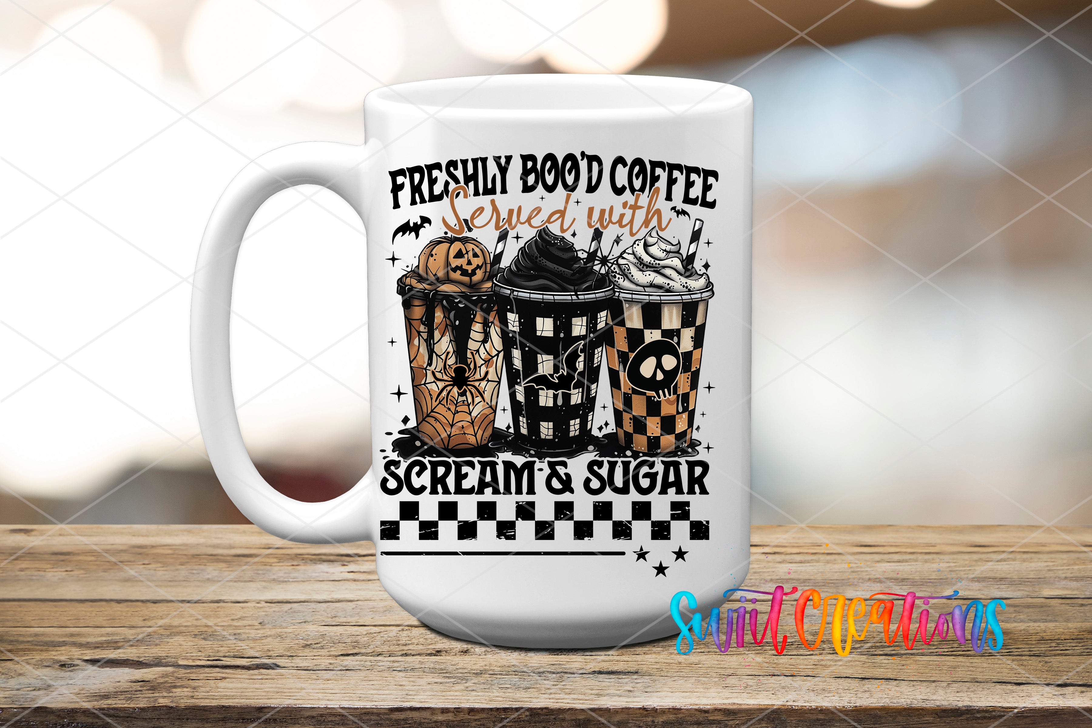 A white mug with a Halloween-themed design featuring three coffee cups with different toppings, along with the text "FRESHLY BOGD COFFEE Served with Scream & Sugar".
