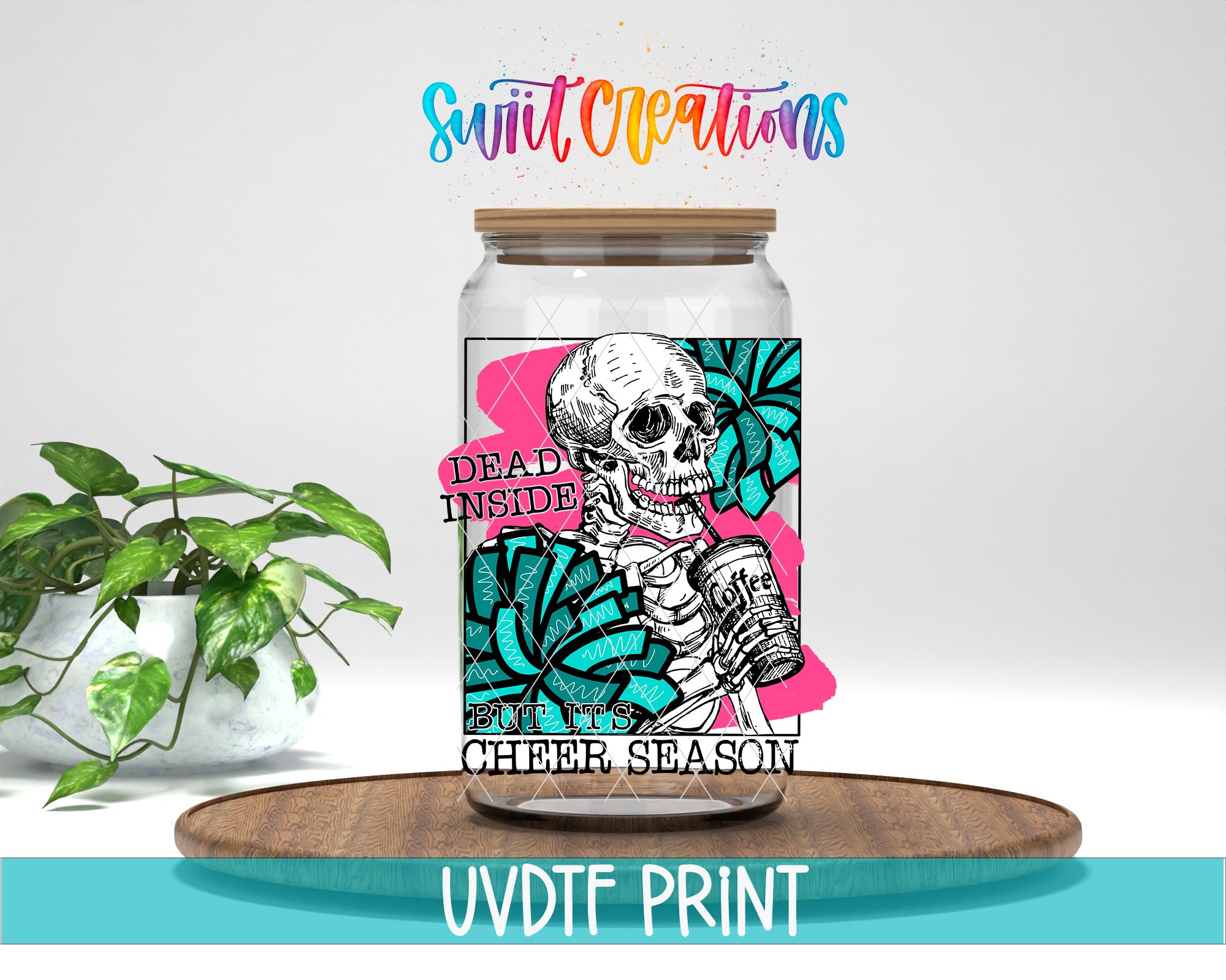a glass jar with a colorful label, including a skull and a plant, placed on a wooden surface.