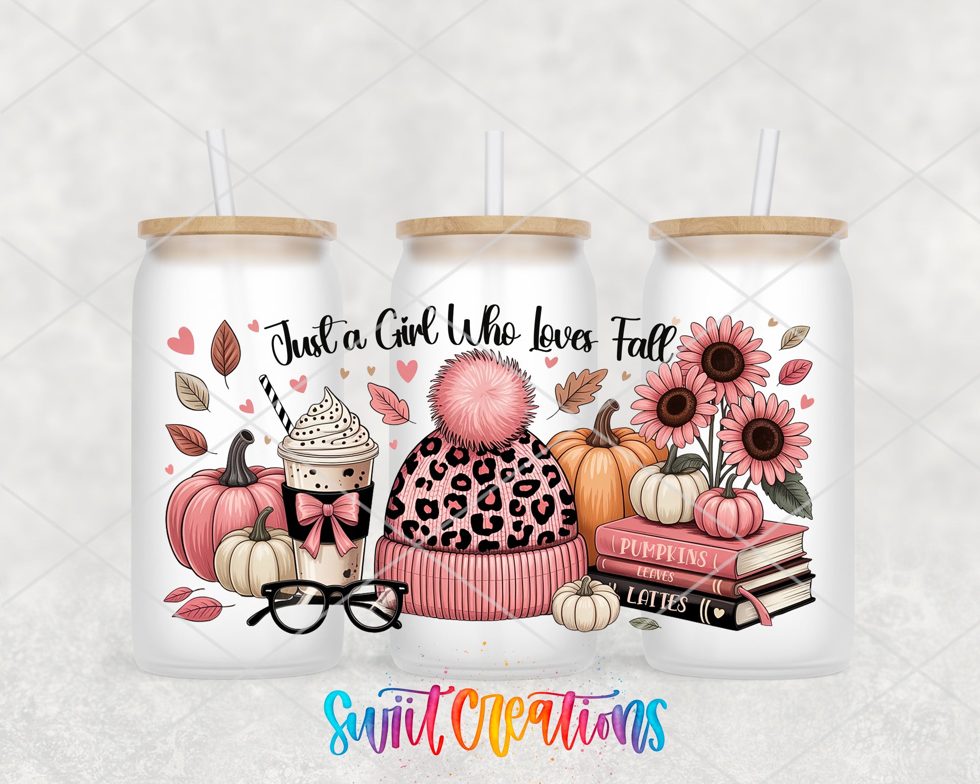 A colorful illustration of three white tumblers with various fall-themed illustrations, including pumpkins, sunflowers, and a leopard print hat.