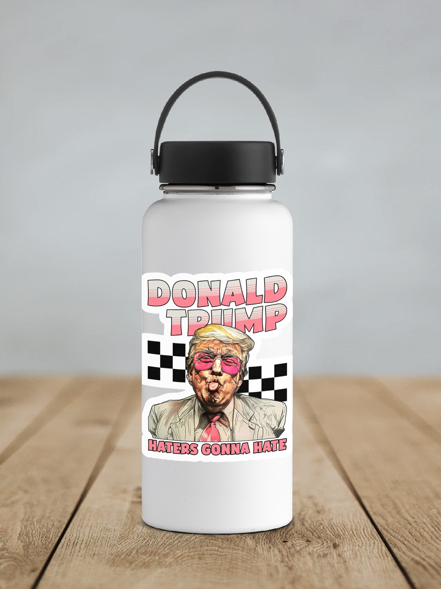 a water bottle with a picture of donald trump on it