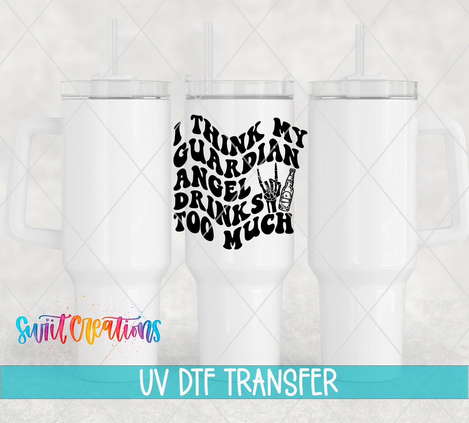 three white tumblers with a black graphic design on them.