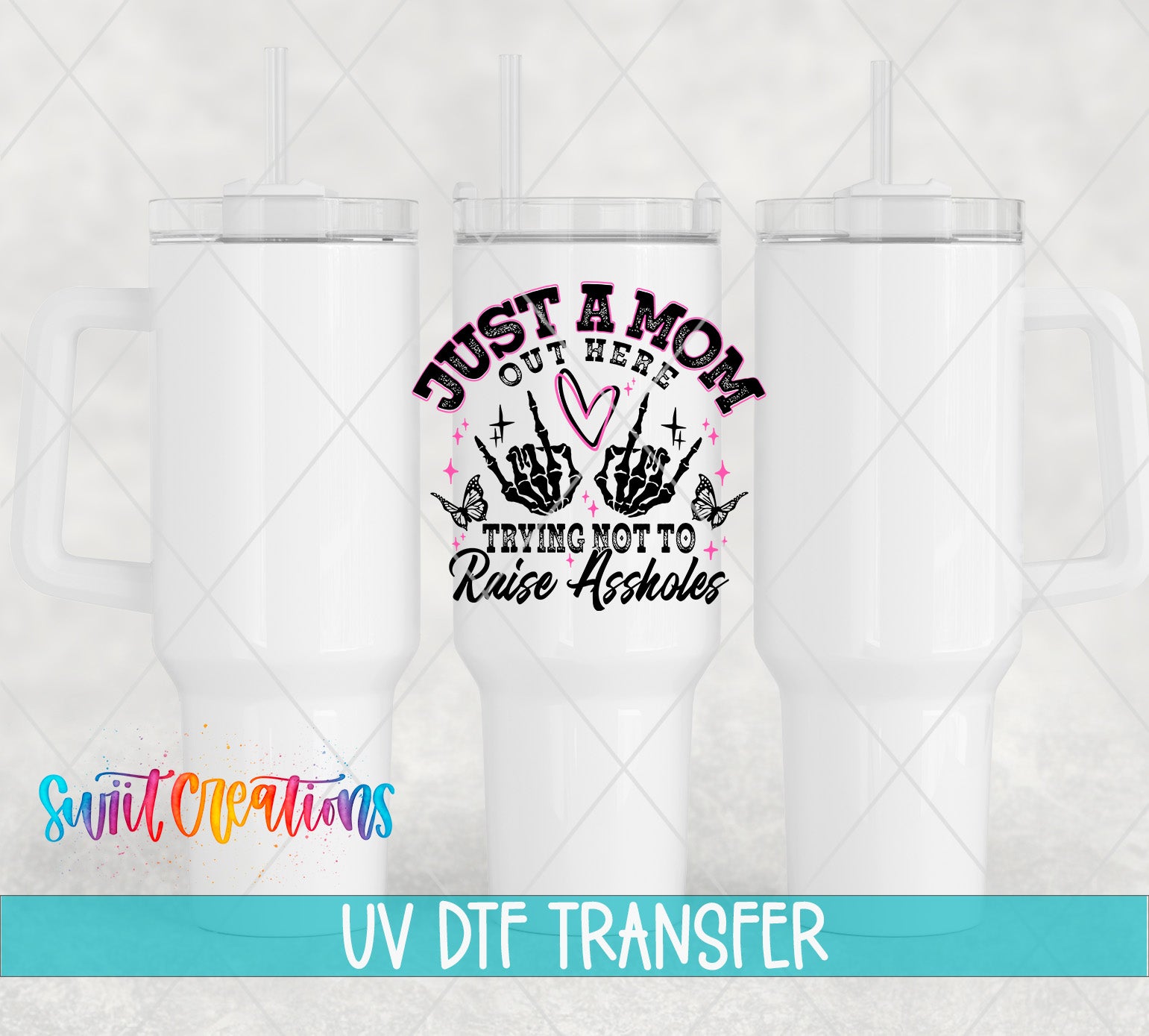 three white tumblers with a graphic design on them, including a text and a graphic element.