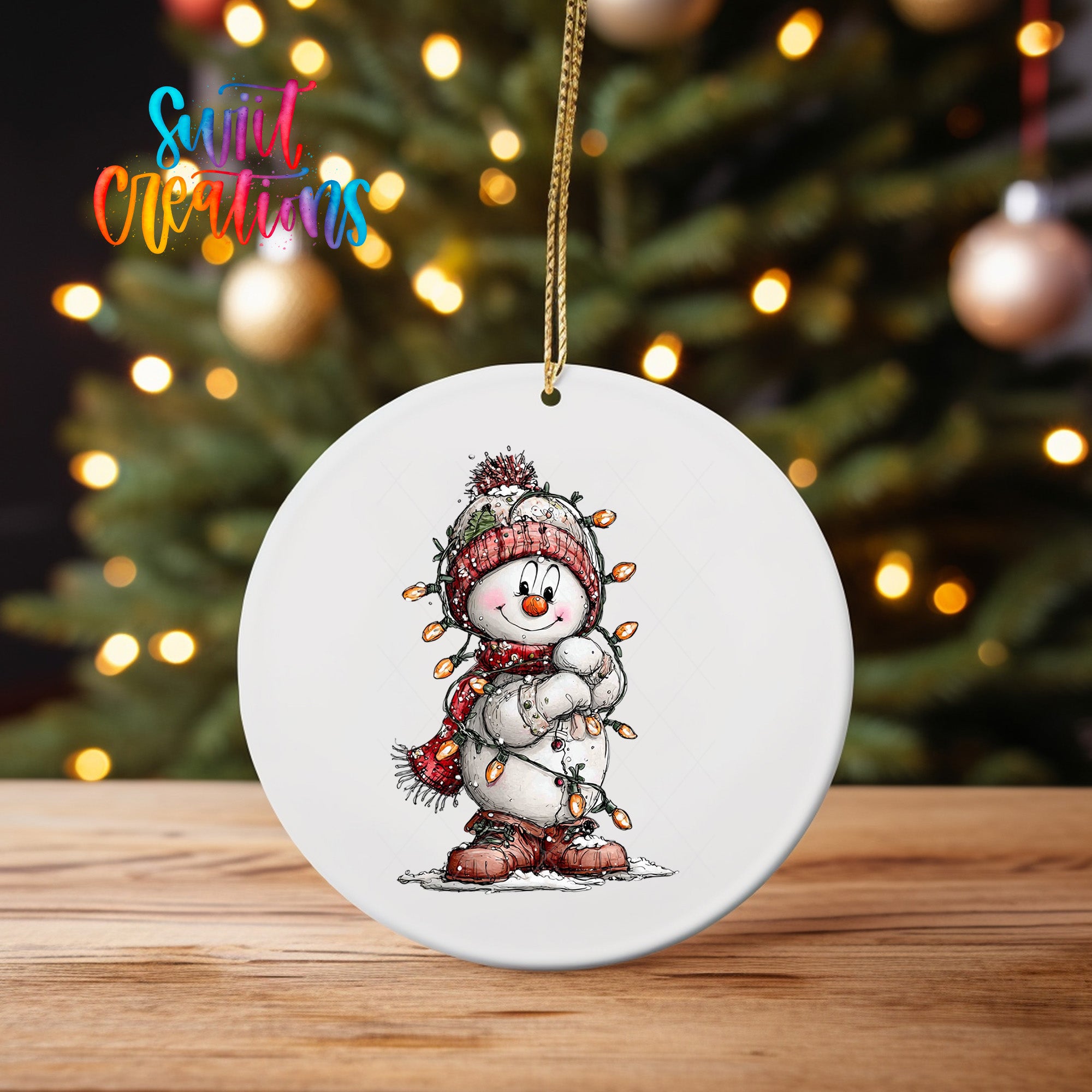 A white ceramic ornament featuring a snowman with a red scarf and hat, holding a snowman-shaped ornament, is hanging from a string in front of a blurred Christmas tree.