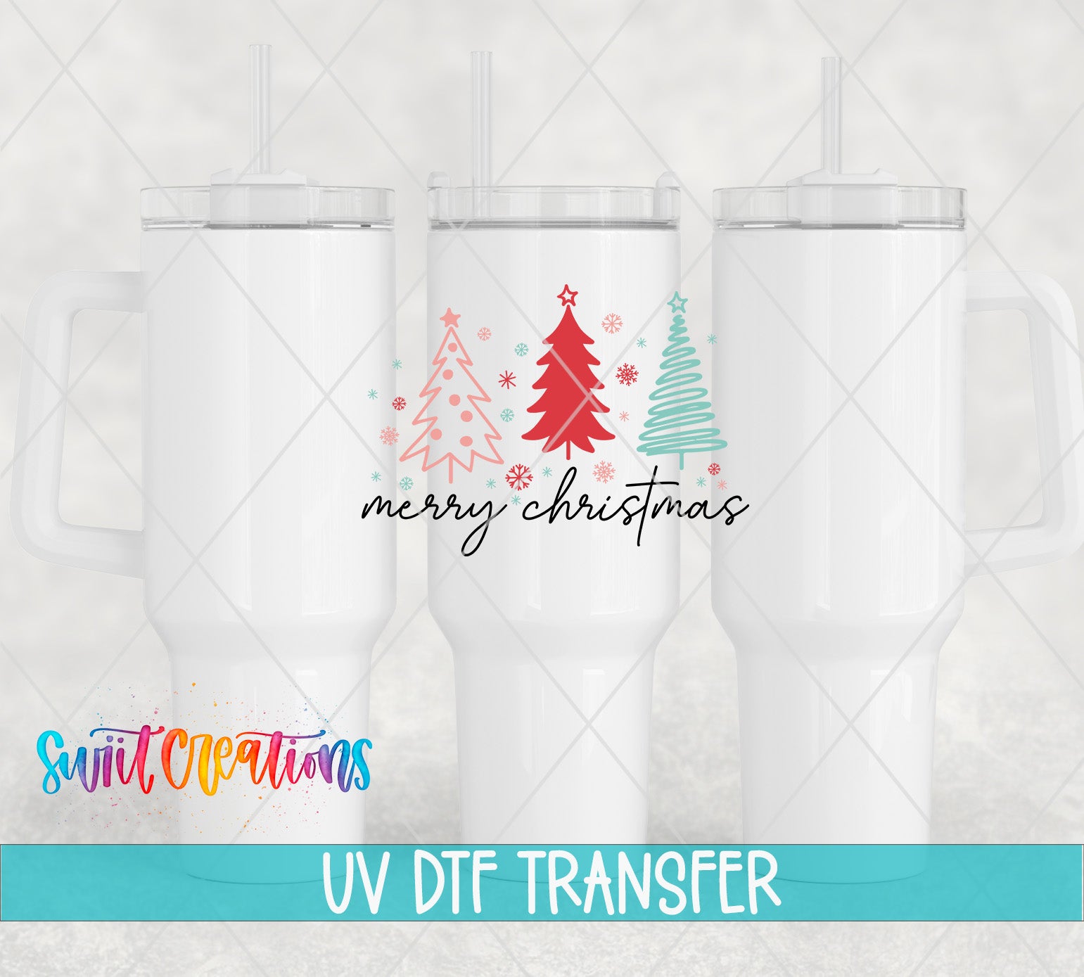 three white tumblers with a festive Christmas tree design and the text "merry christmas" printed on them.