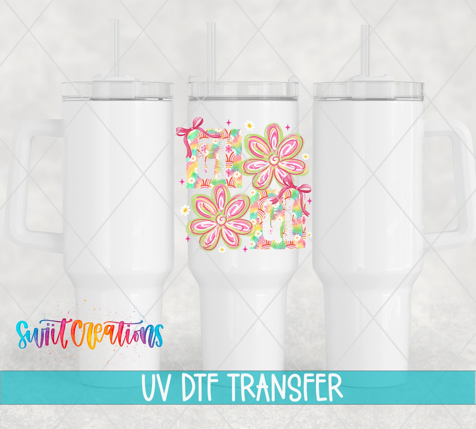 three white tumblers with flower designs, and there is text at the bottom of the image that says "UV Dtf Transfer".