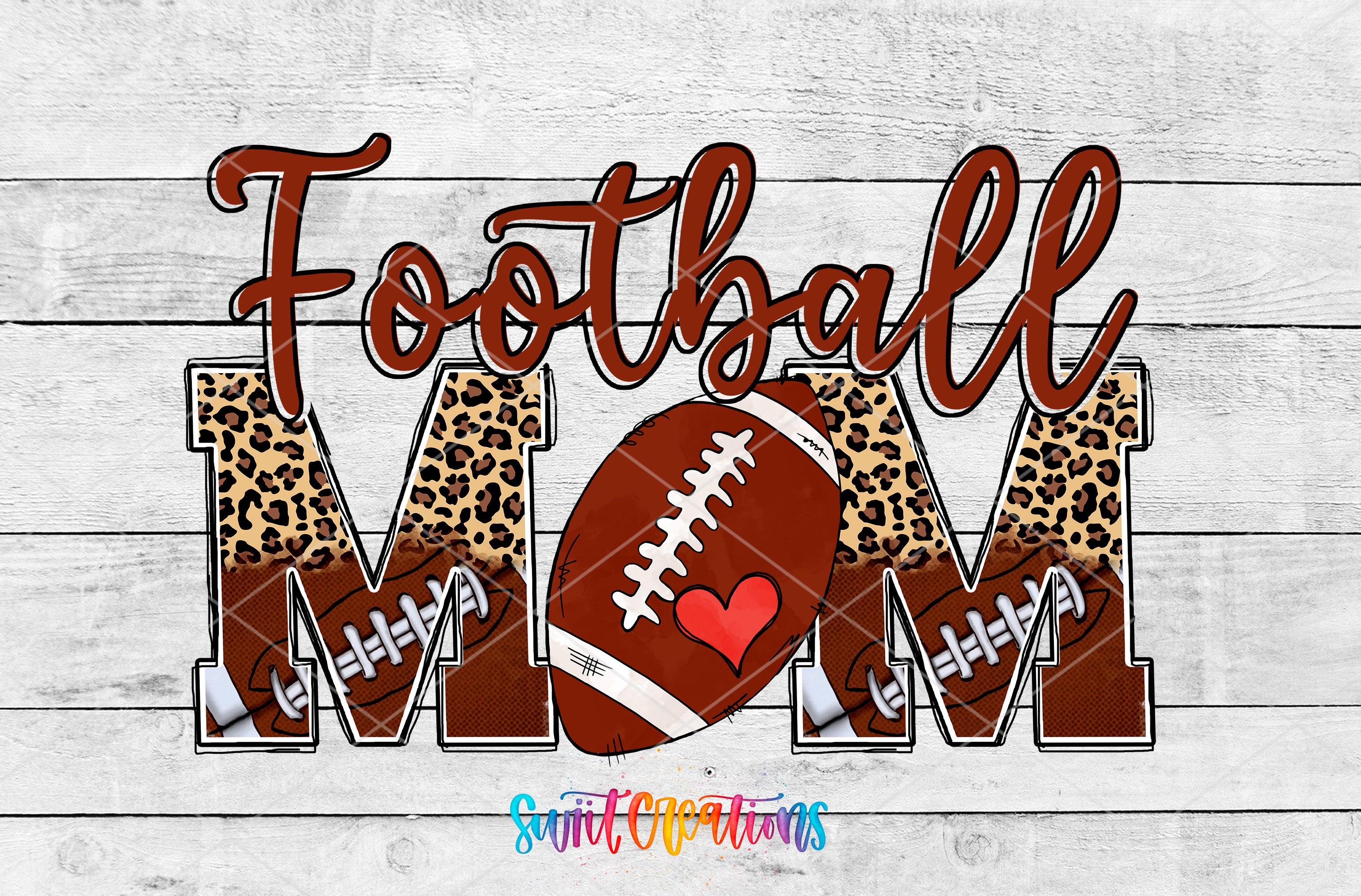 a collage of football-related images, including a football, leopard print, and the word "Football Mom" written in a stylized font.