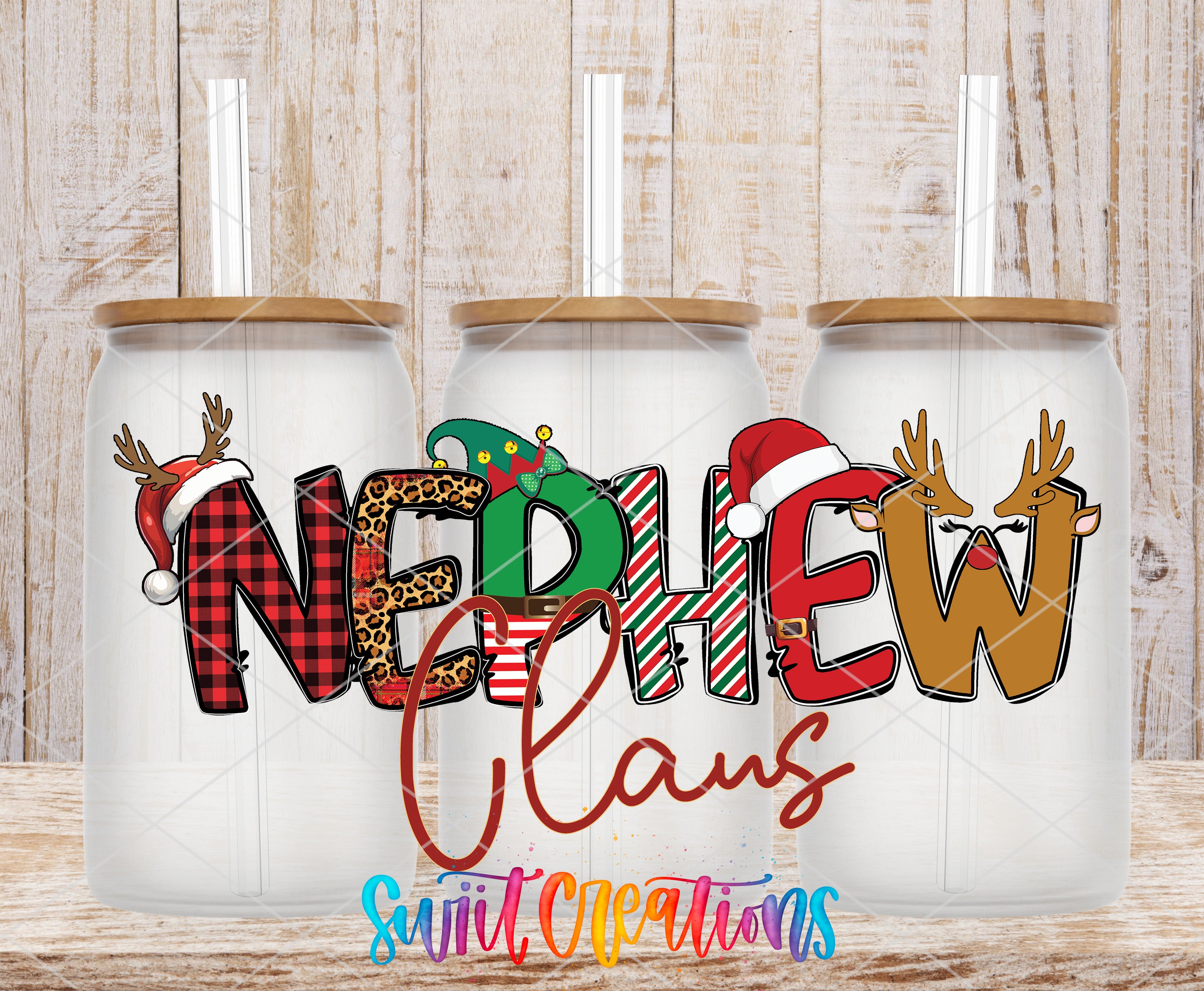 three glass jars with the word "NEPHEW" written on them, along with various holiday-themed decorations such as reindeer and Santa hats.