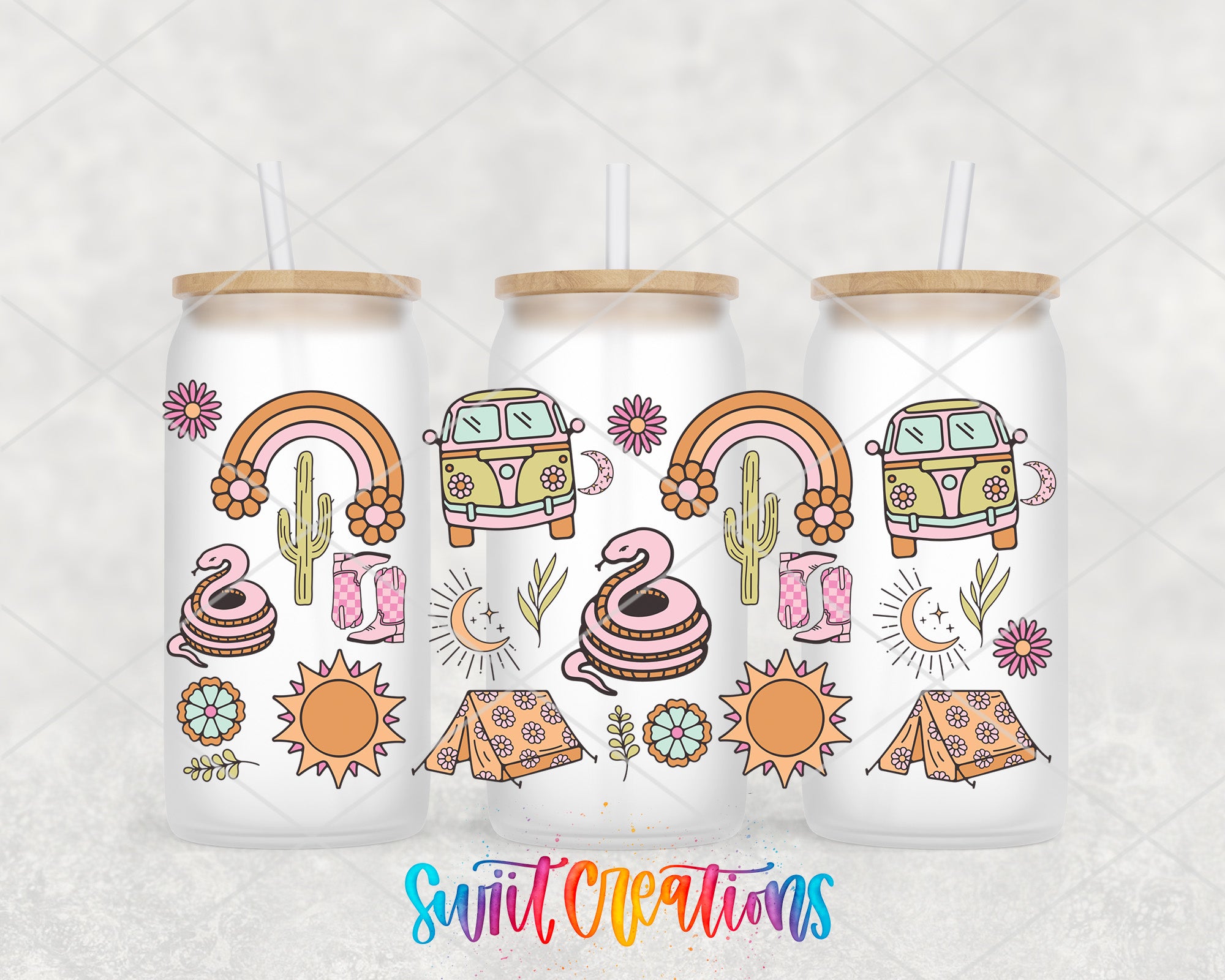 three white tumblers with colorful illustrations and designs on them, including a rainbow, a van, a snake, a tent, and various other objects.