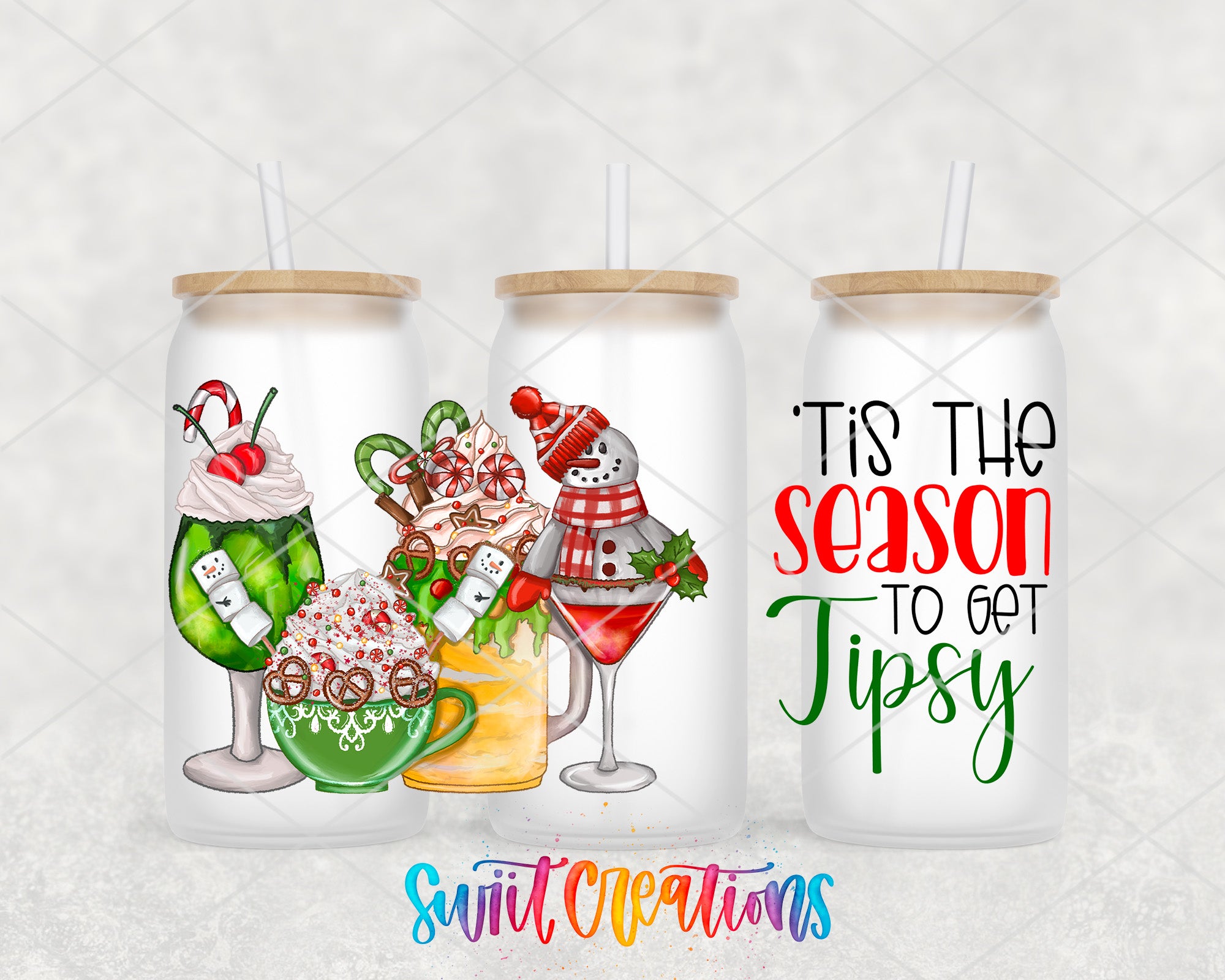 three colorful beverage cans with illustrations of various drinks and festive decorations, such as snowmen and candy canes, along with a text that says "Tis the season to get Tipsy".