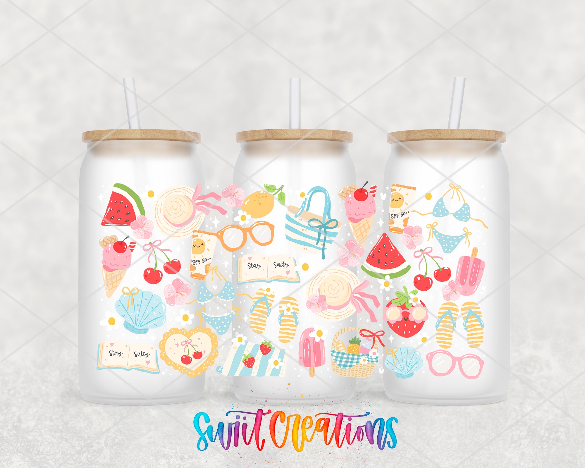 A collage of three glass jars with colorful illustrations of various summer-themed objects, such as sunglasses, flip flops, ice cream cones, and beach accessories, along with straws.