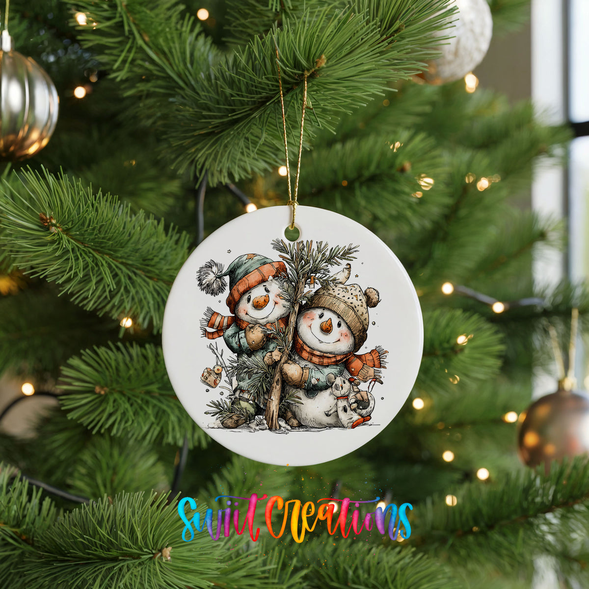 A white ceramic ornament with a snowman and pine tree design hangs from a Christmas tree, surrounded by other ornaments and lights.