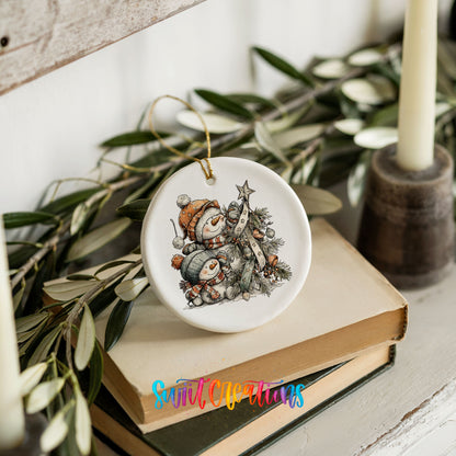 A ceramic ornament featuring two snowmen is displayed on top of a stack of books, surrounded by greenery.