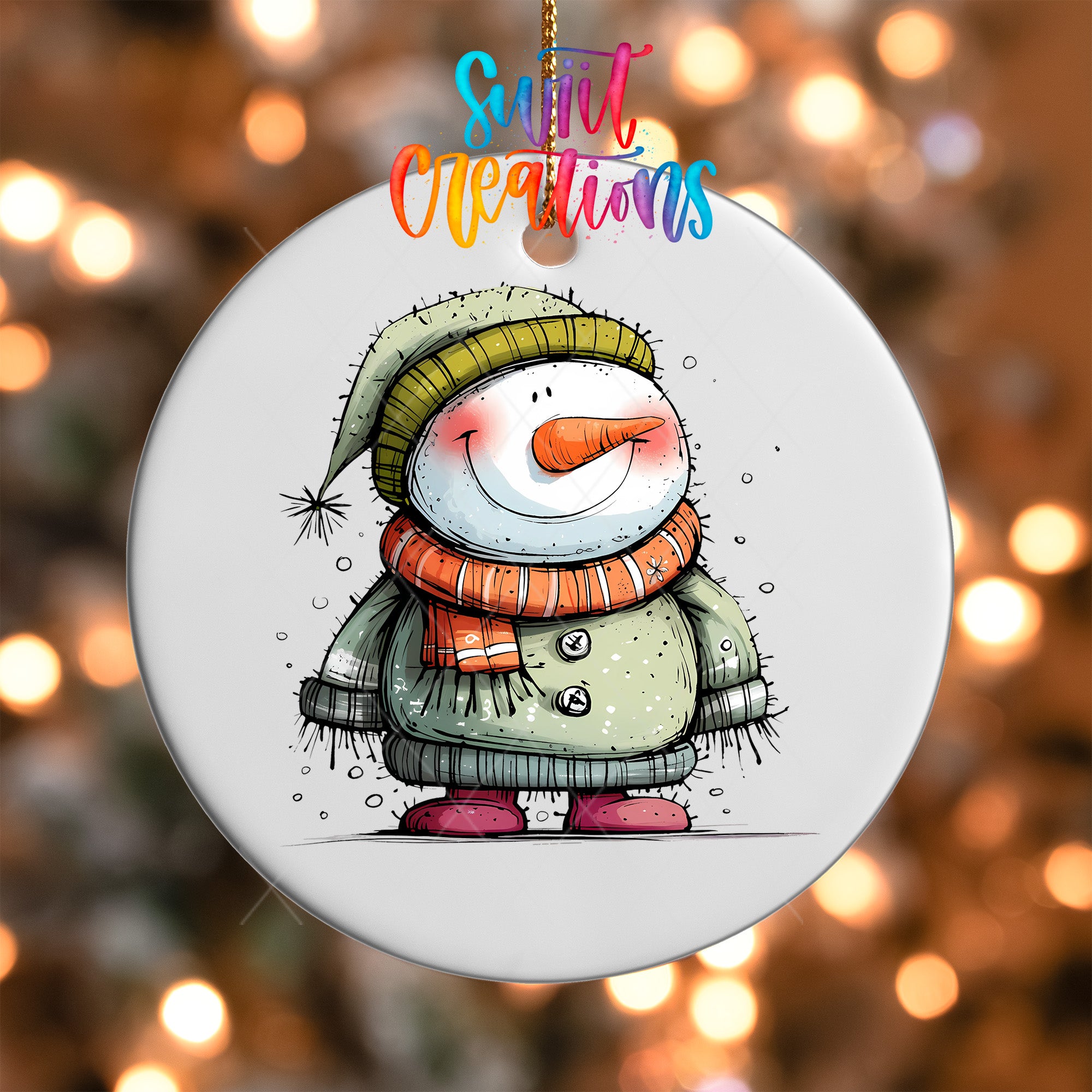 A snowman ornament with a colorful scarf and hat, standing against a blurred background of lights.