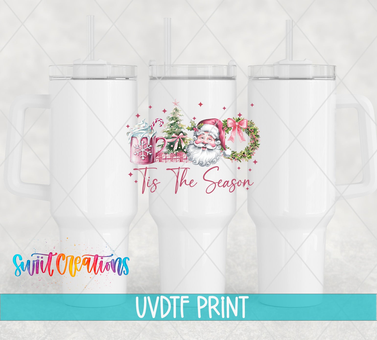 three white tumblers with a festive design and text printed on them.