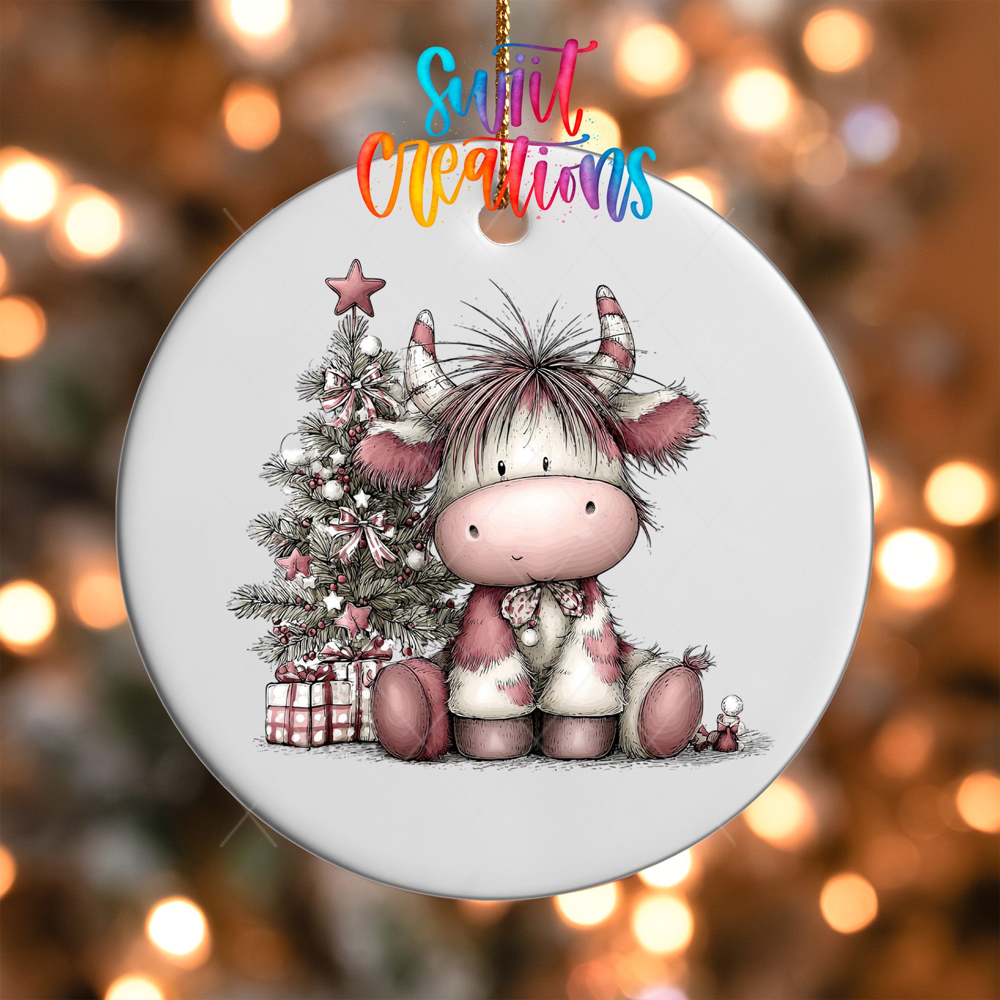 A white ornament featuring a cartoon cow sitting next to a Christmas tree with presents underneath.