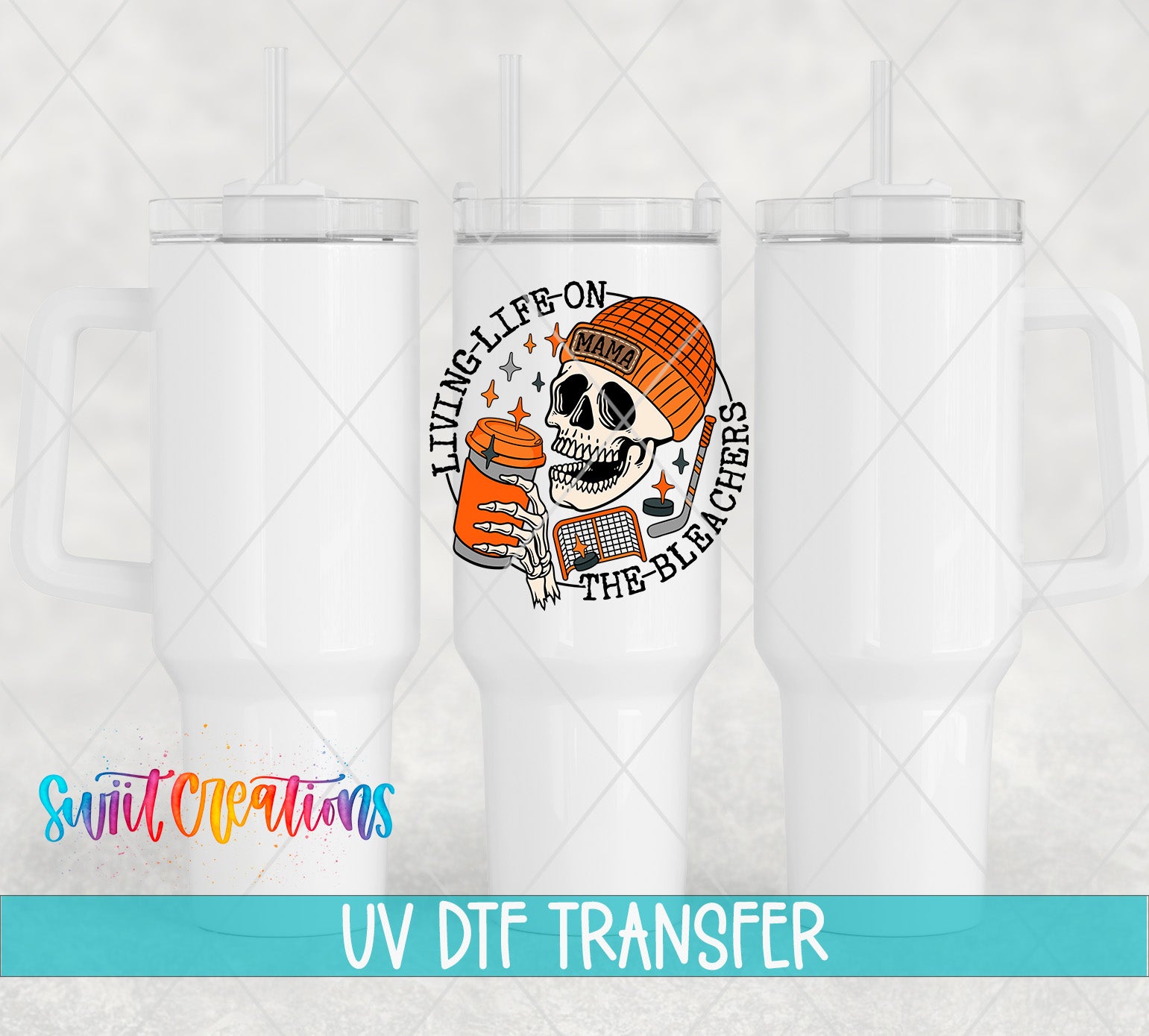 a white ceramic mug with a skull and crossbones design, along with the text "Living Life on the Bleachers" and "UV Dtf Transfer".