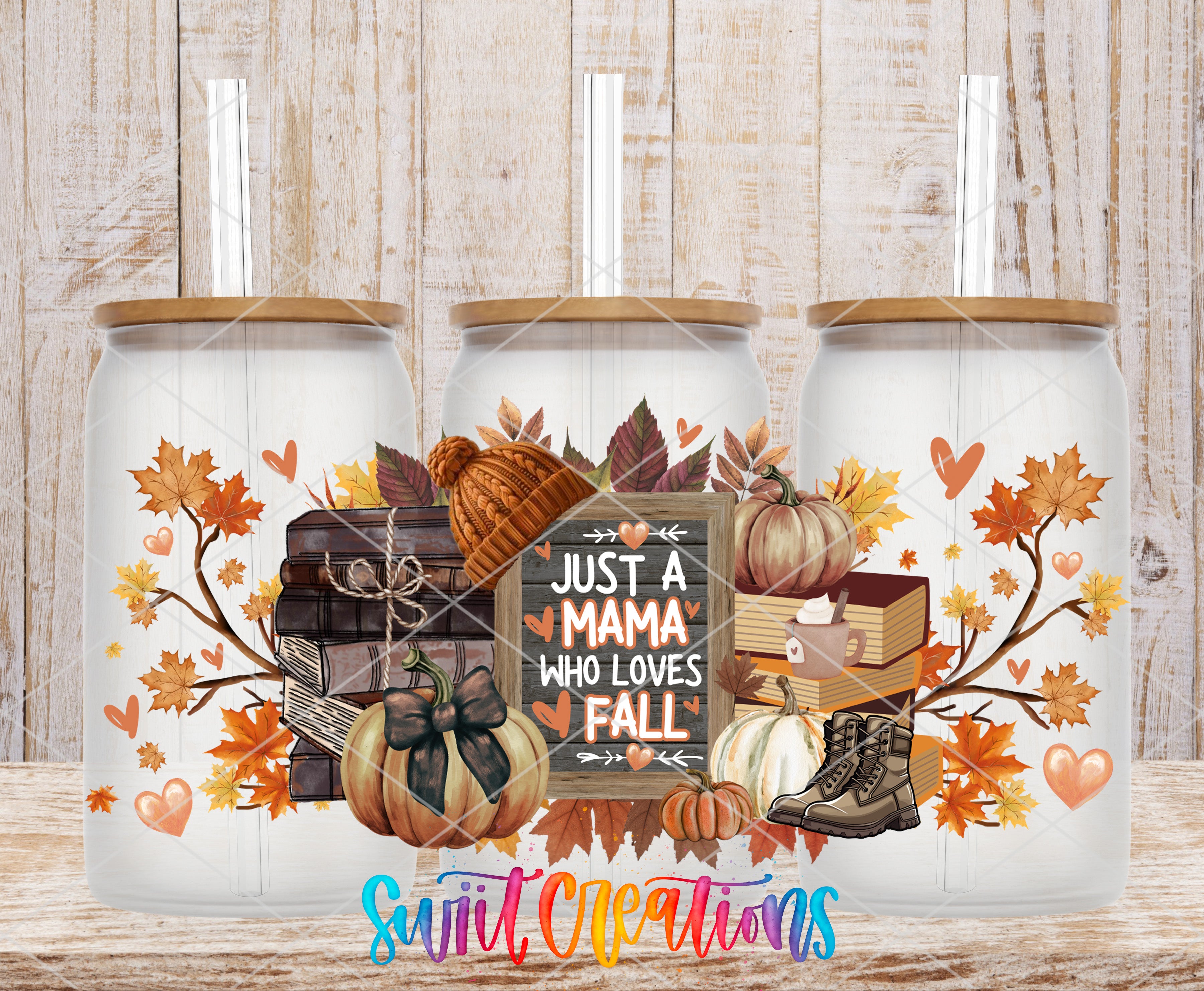 A collage of three glass jars with autumn-themed decorations, including pumpkins, leaves, and a sign that says "Just a Mama who loves fall".