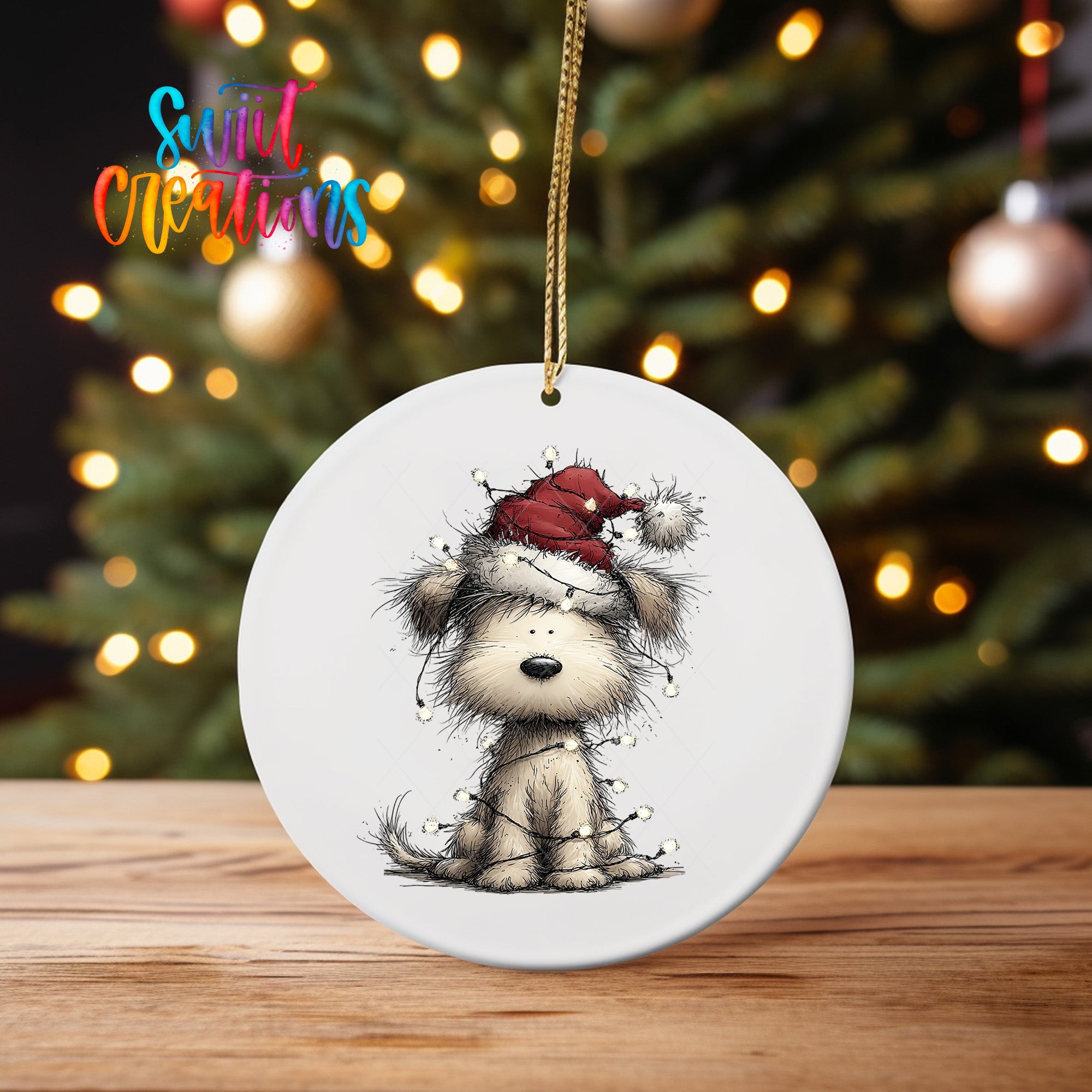 A white ceramic ornament featuring a cartoon image of a dog wearing a Santa hat, with Christmas lights in the background.