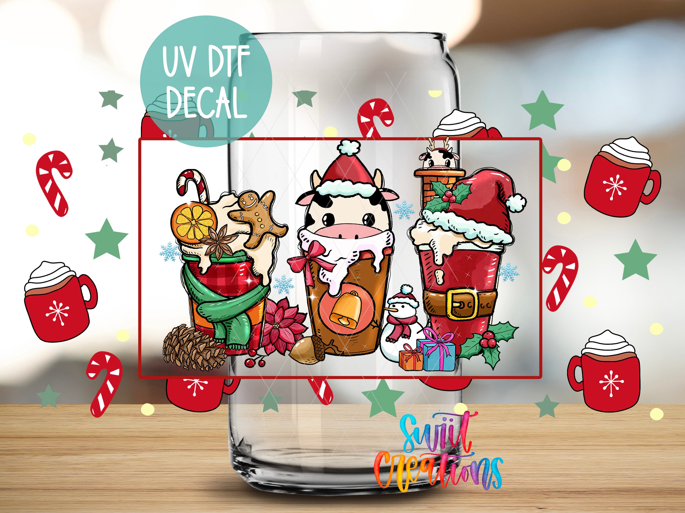 A glass decal featuring a cow, a Santa hat, and various Christmas-themed items such as a mug, a snowman, and a star.