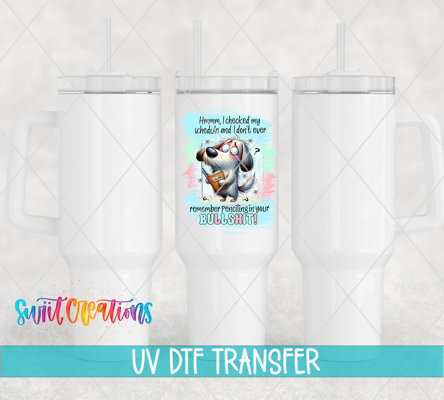 The image is a collage of three white tumblers with a colorful design on one of them. The text "UV Dtf Transfer" is displayed below the image.