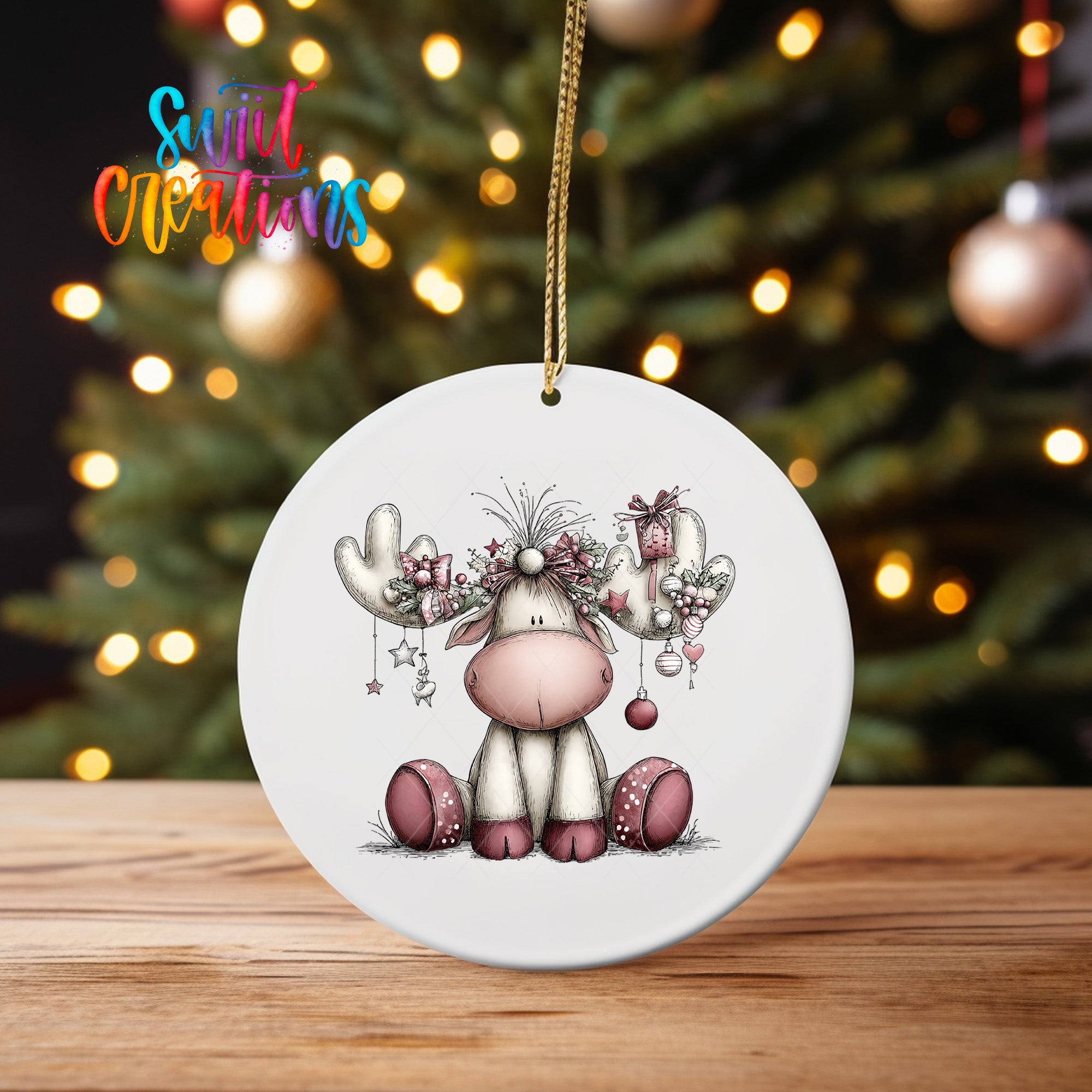 A white ceramic ornament featuring a cartoon moose with antlers and a bow, sitting on a wooden surface in front of a blurred Christmas tree with twinkling lights.