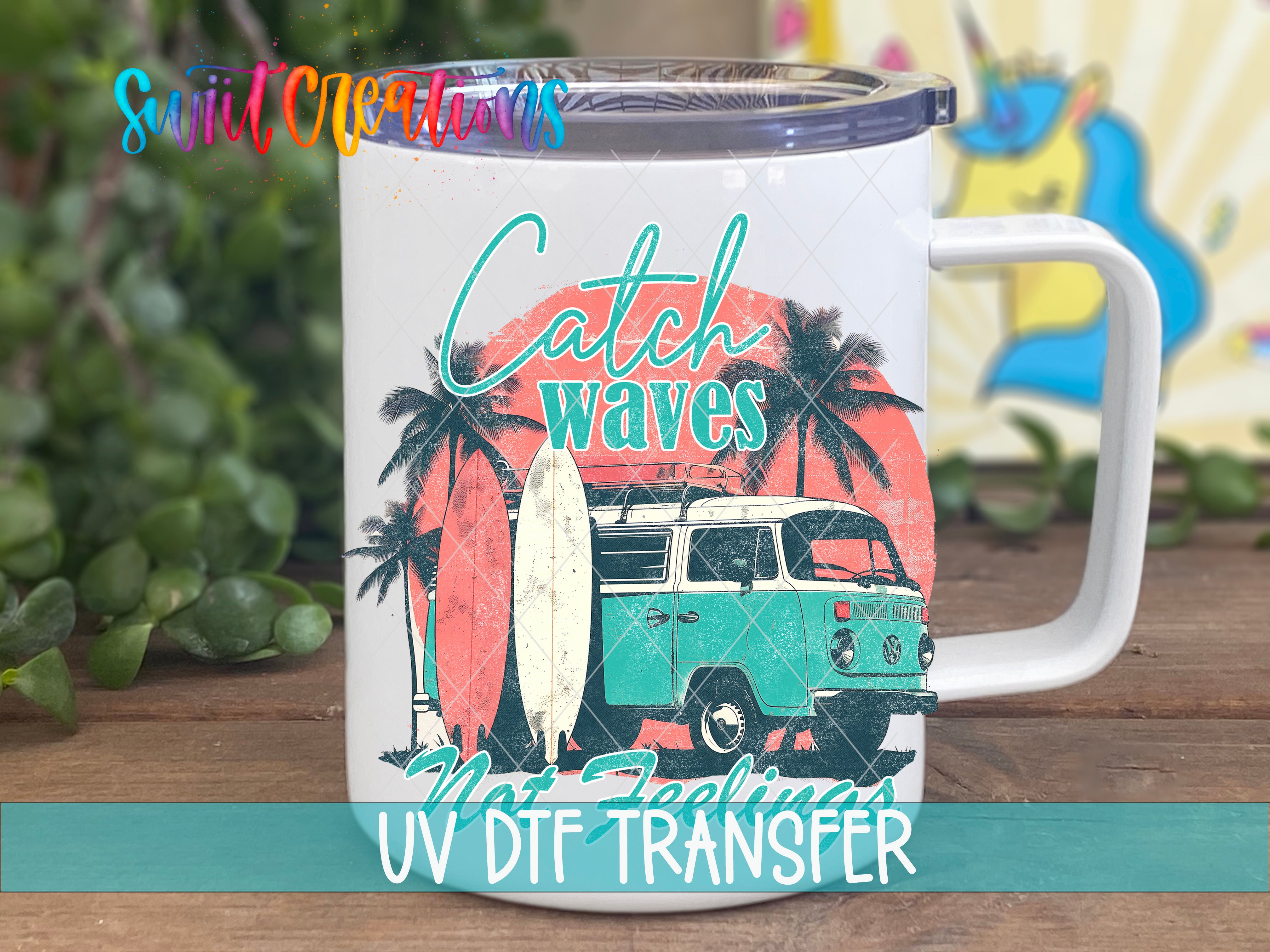 A white mug with a graphic design featuring a surfboard, palm trees, and a van, along with the text "Catch Waves" and "Not feeling".