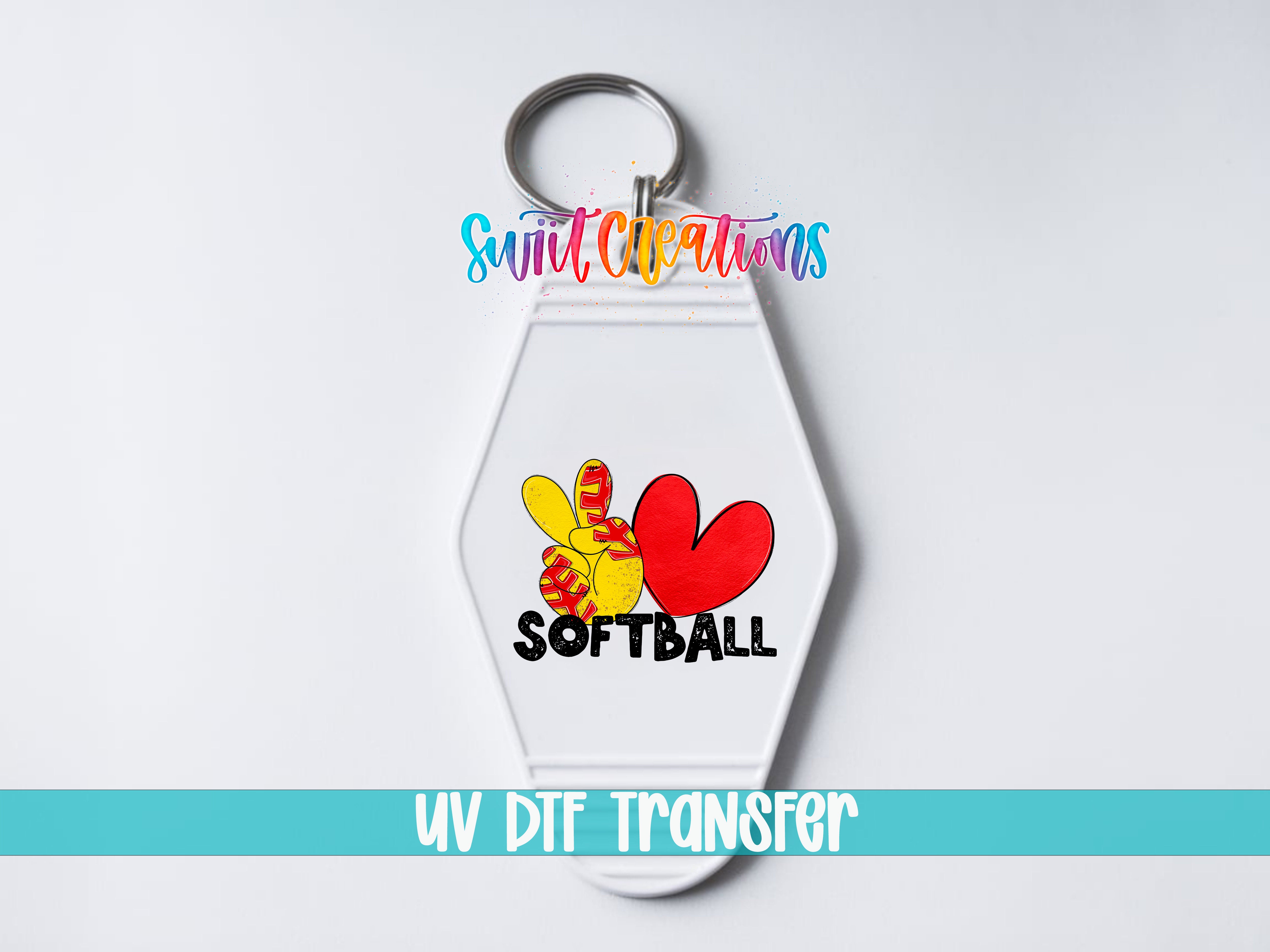 A keychain with a peace sign and the word "SOFTBALL" printed on it, along with a UV dye transfer logo.