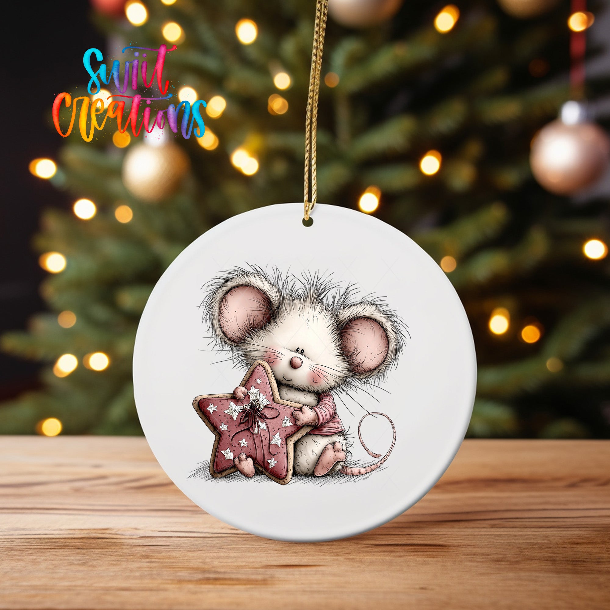 A white ceramic ornament featuring a cute cartoon mouse holding a star-shaped cookie, with a Christmas tree in the background.