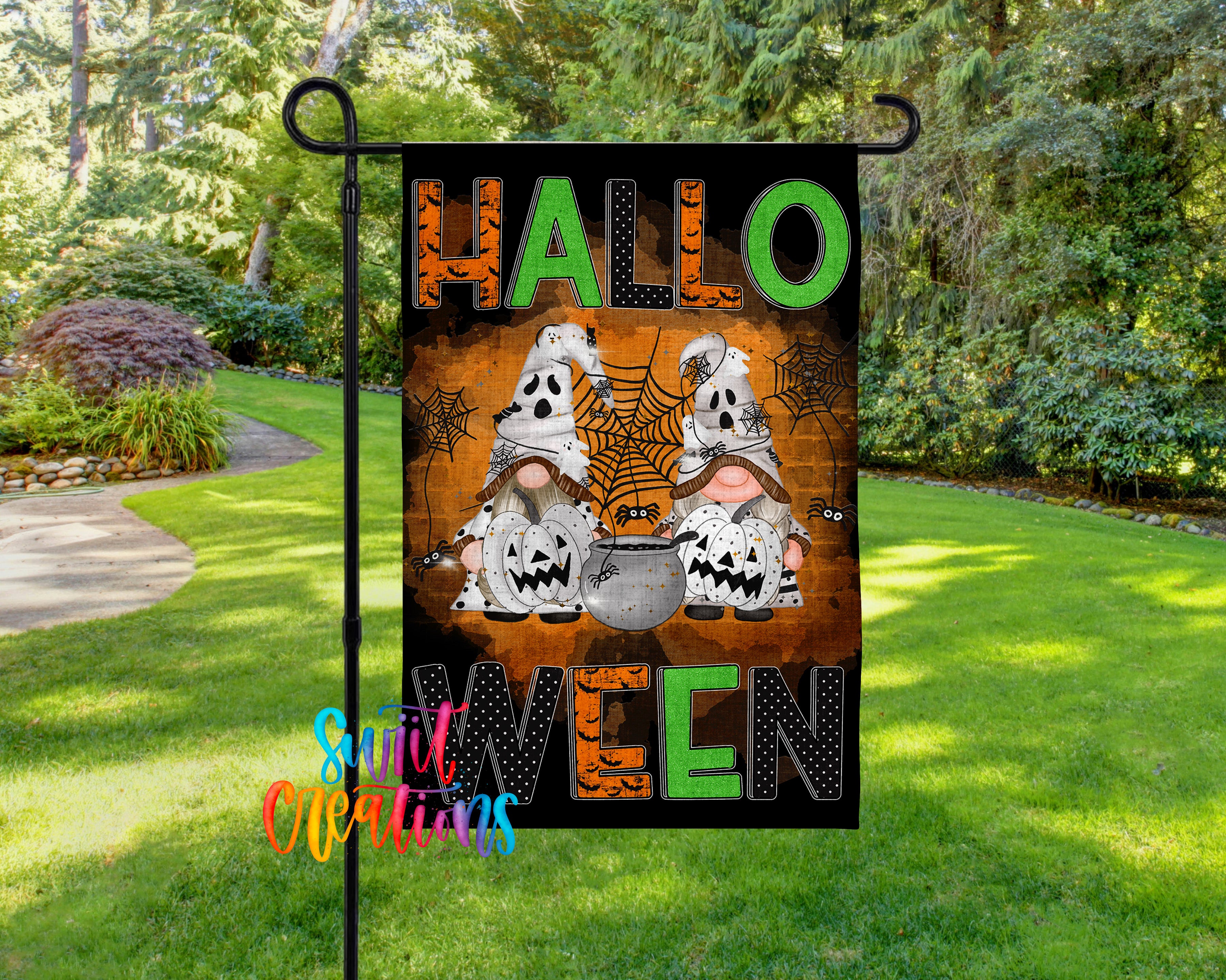 A Halloween-themed garden flag featuring two gnomes wearing ghost costumes and a spider web, with the text "HALLO" prominently displayed.