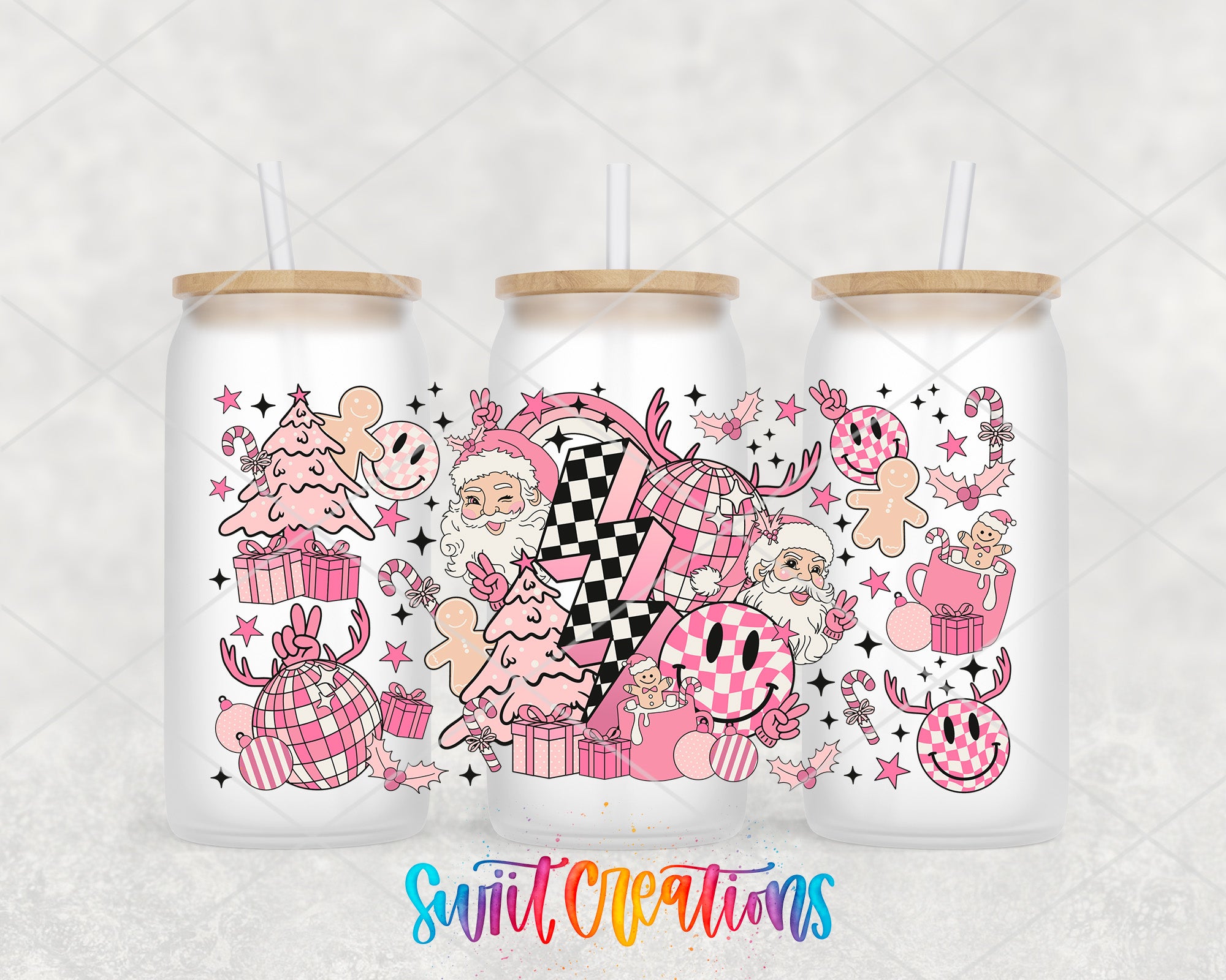 A collage of three white tumblers with colorful and whimsical designs featuring Santa Claus, reindeer, snowmen, and other festive elements.