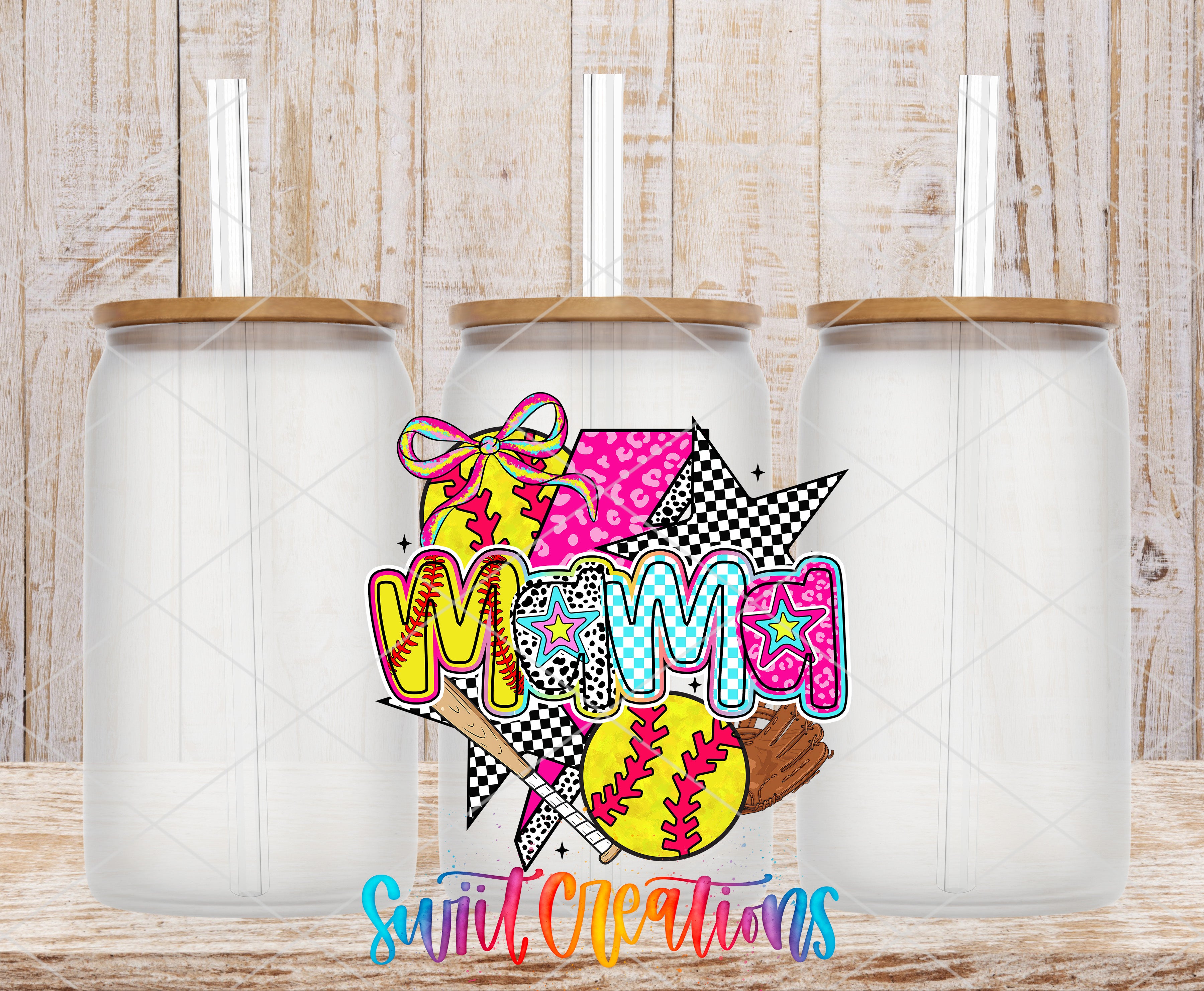 A colorful and vibrant design featuring a baseball-themed design with the word "Mama" prominently displayed. The design includes various elements such as a baseball, a bat, and a ball, all rendered in bright colors and patterns. The design is set against a wooden background, and there are three identical glass jars or containers placed in front of it.