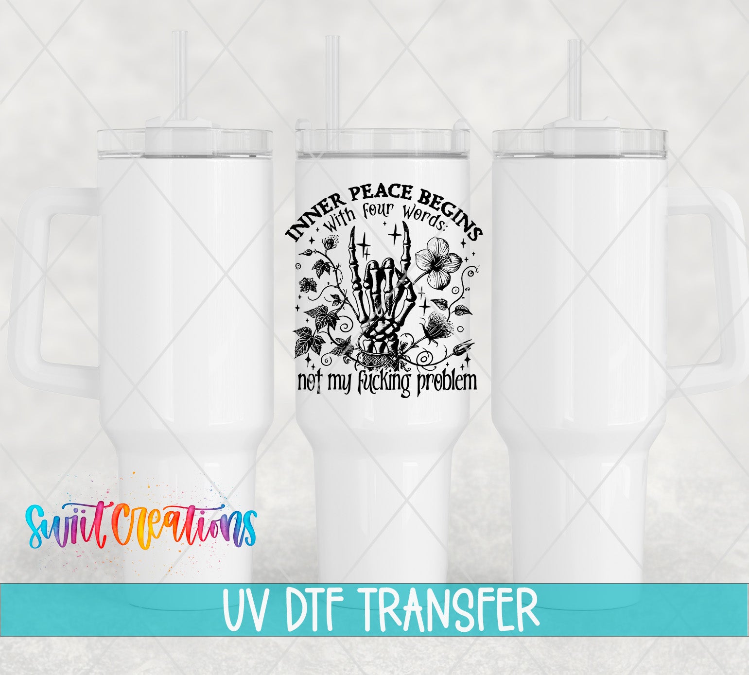 three white tumblers with a black and white graphic design on them.