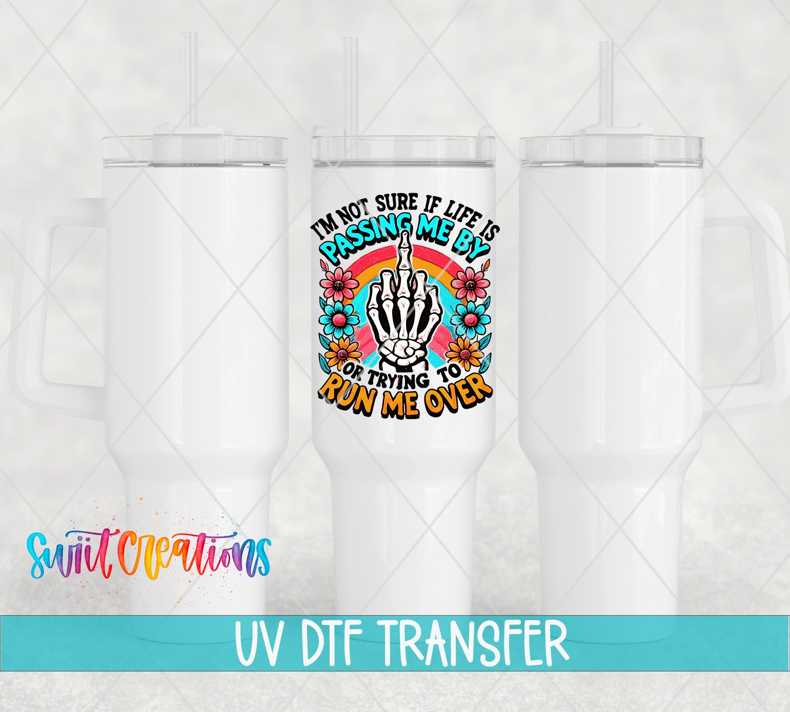 a white ceramic mug with a colorful graphic design on it.