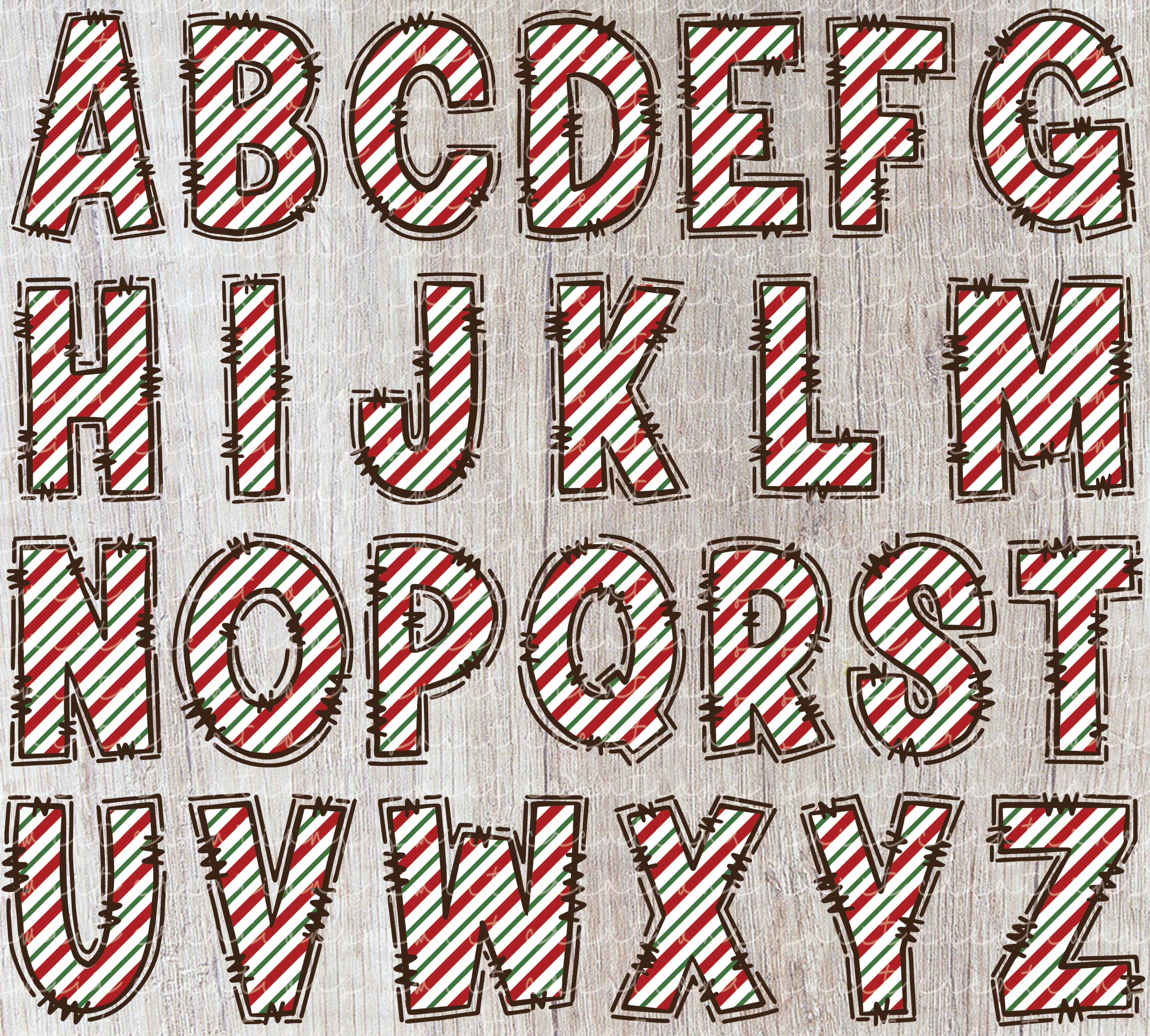 the letters of the alphabet, each with a unique red and white striped pattern.