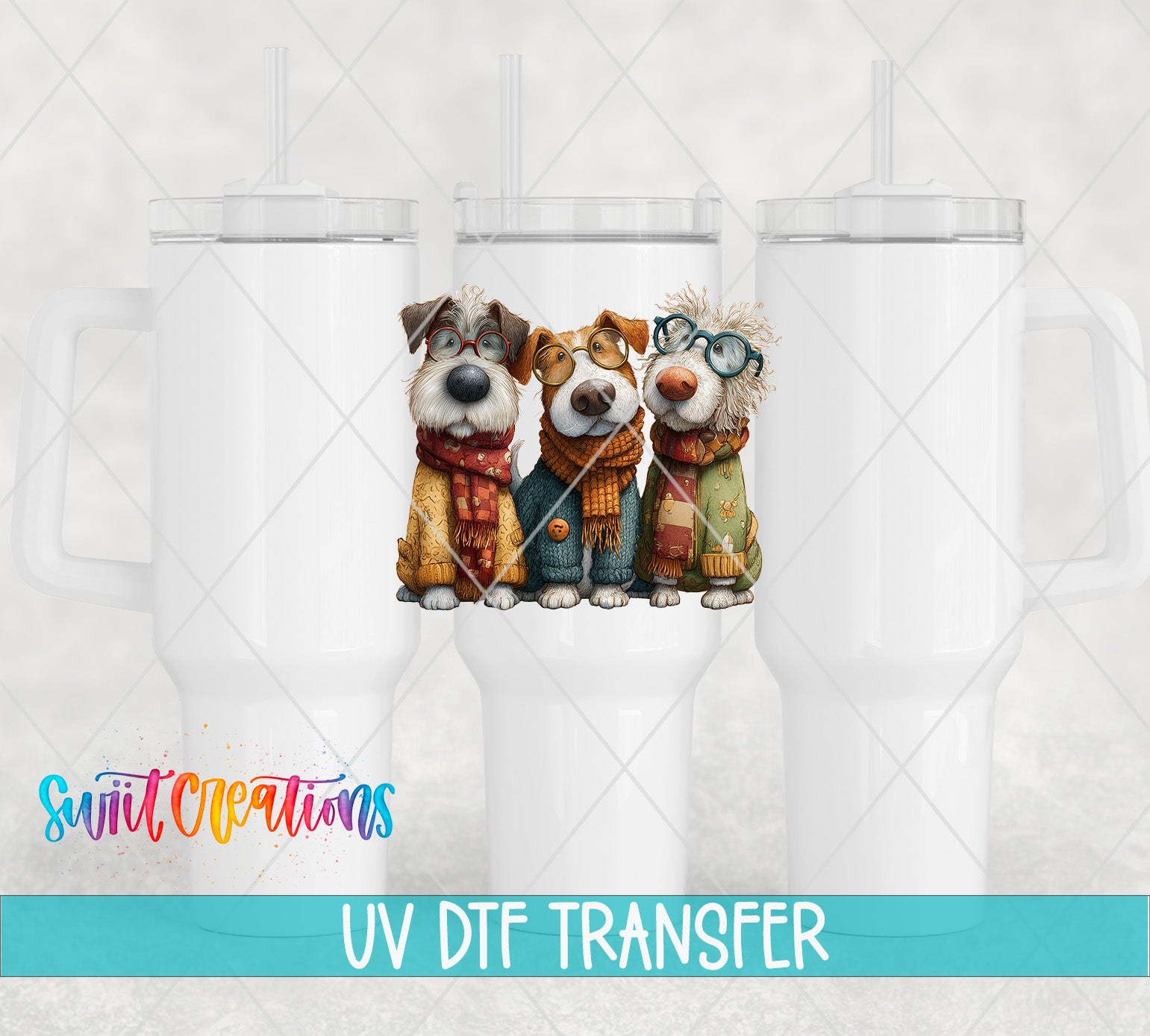 three cartoon dogs wearing colorful scarves and glasses, sitting together on a white surface.